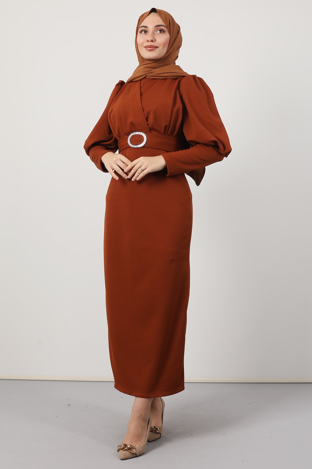 Yakası Çapraz Elbise Kiremit - Thumbnail