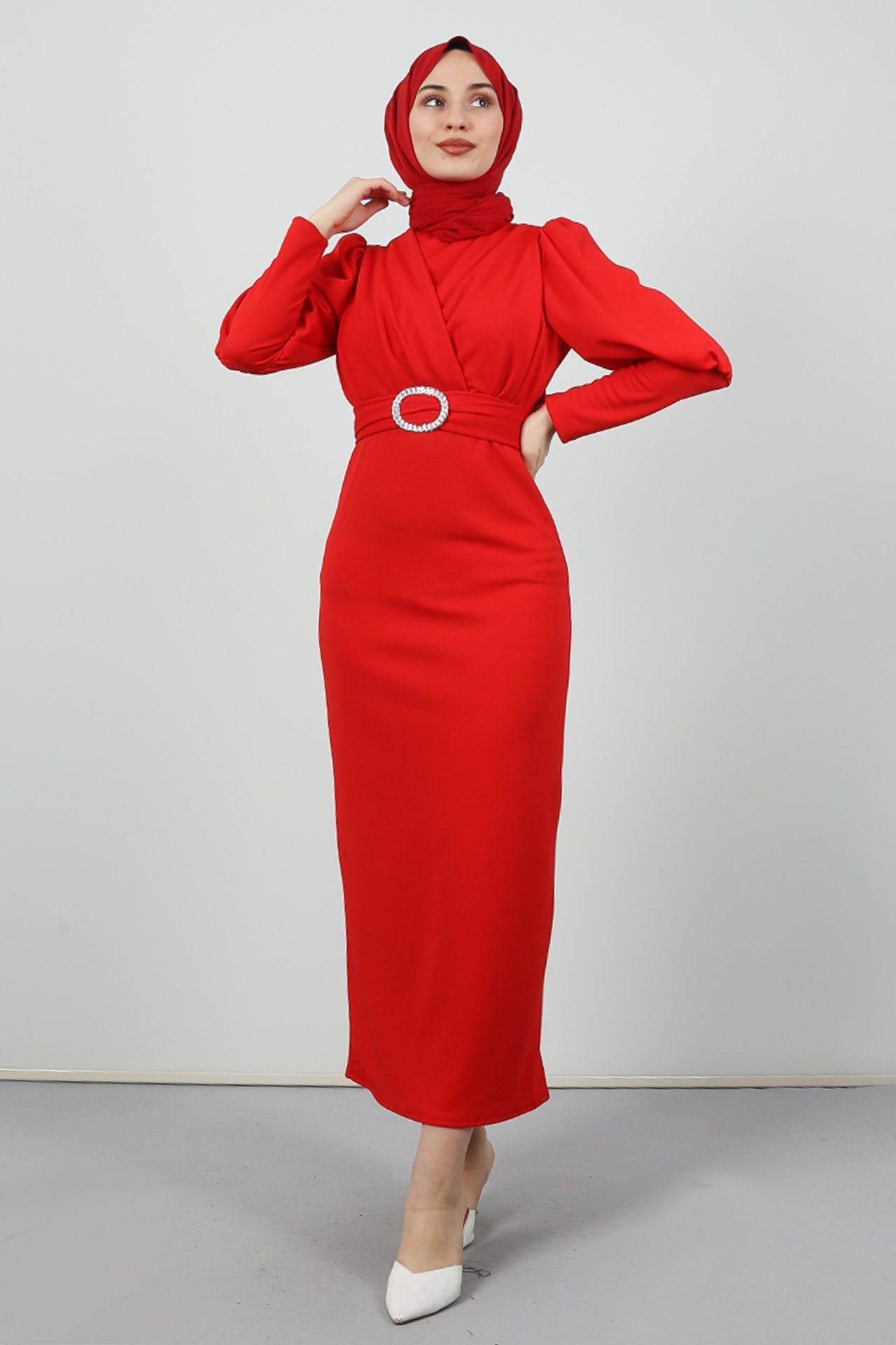 GİZAGİYİM - Yakası Çapraz Elbise Kırmızı 