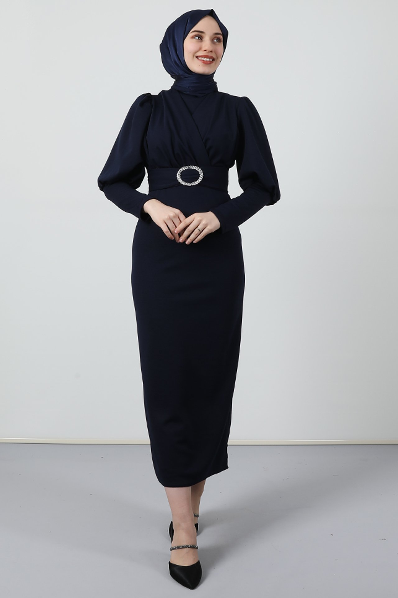 GİZAGİYİM - Yakası Çapraz Elbise Lacivert