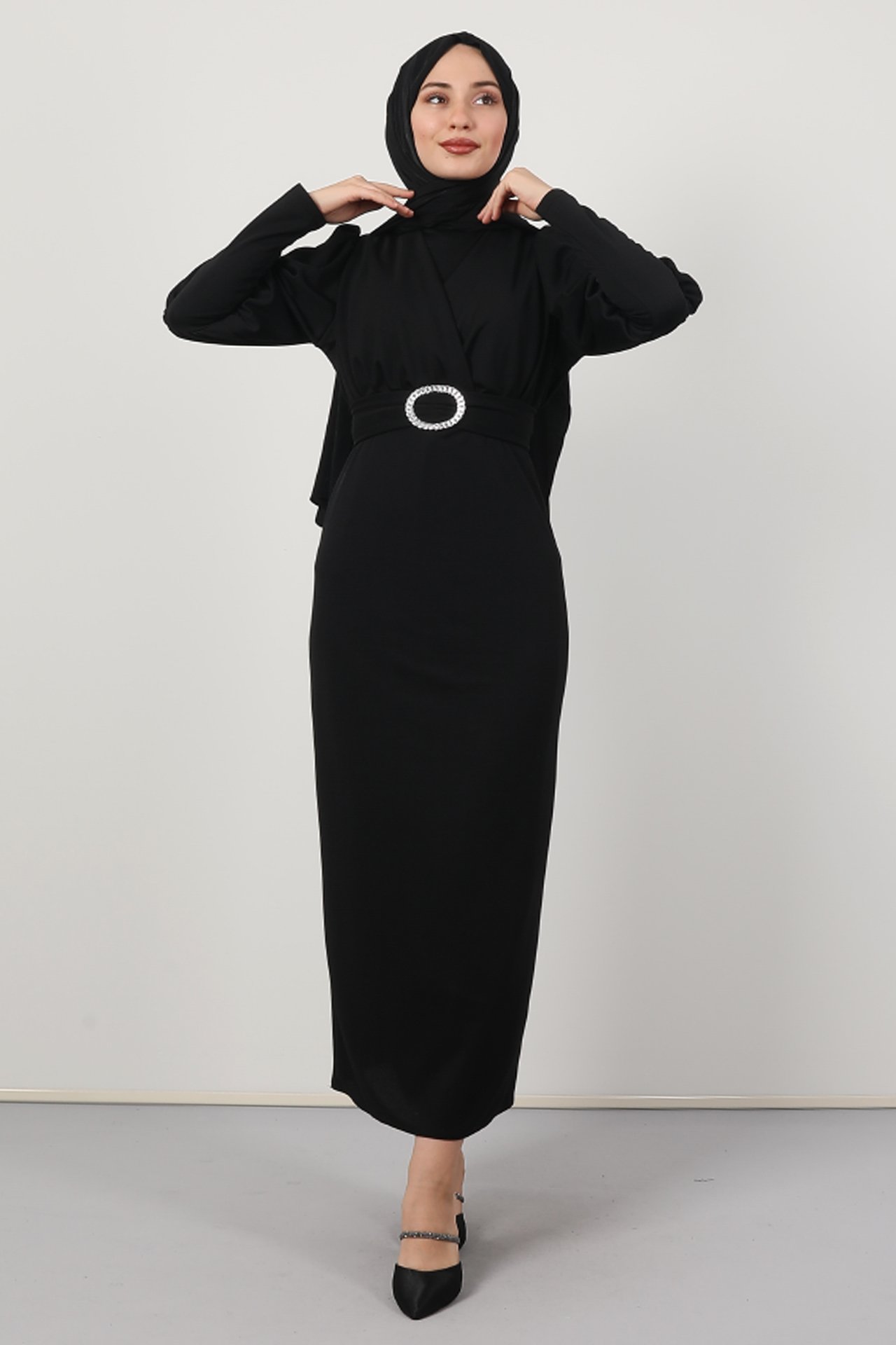 GİZAGİYİM - Yakası Çapraz Elbise Siyah