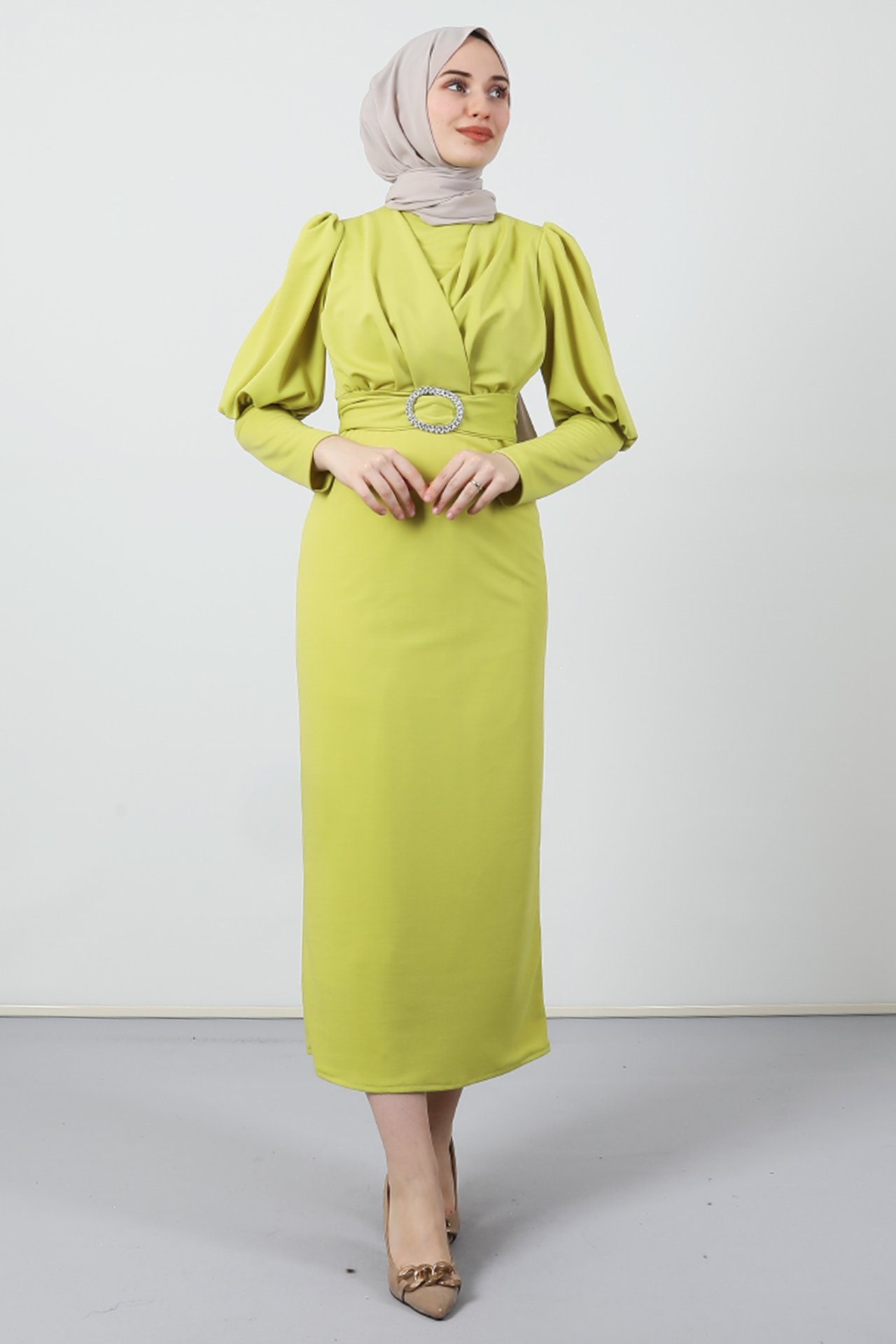 GİZAGİYİM - Yakası Çapraz Elbise Yağ Yeşil