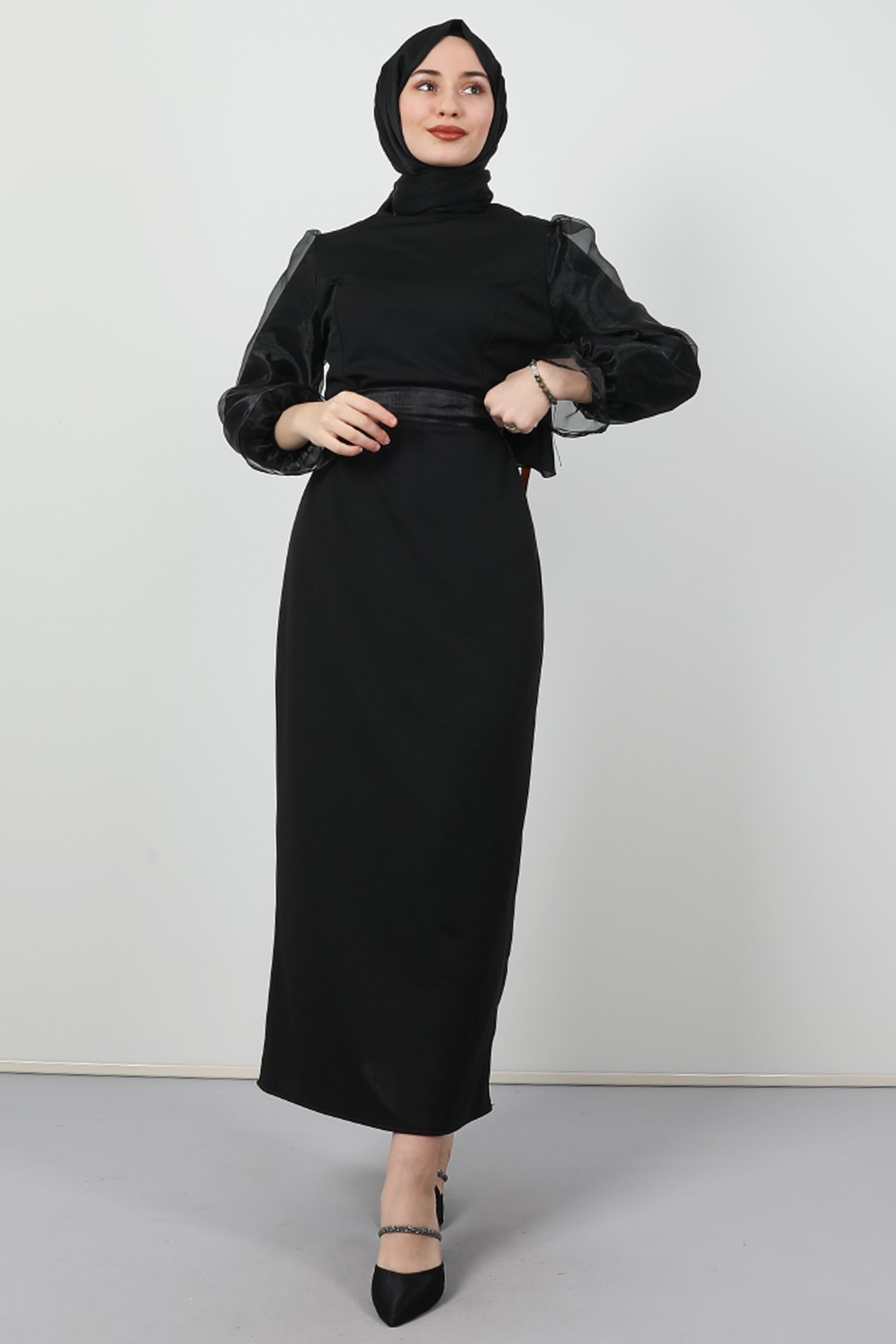 GİZAGİYİM - Organze Detay Tesettür Elbise Siyah
