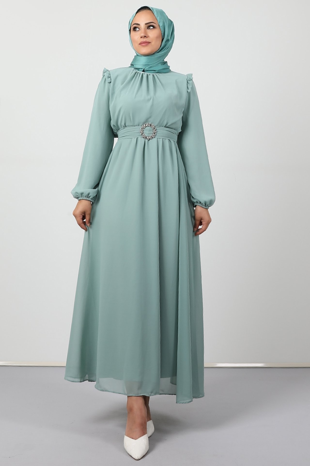 GİZAGİYİM - Tokalı Şifon Elbise Mint
