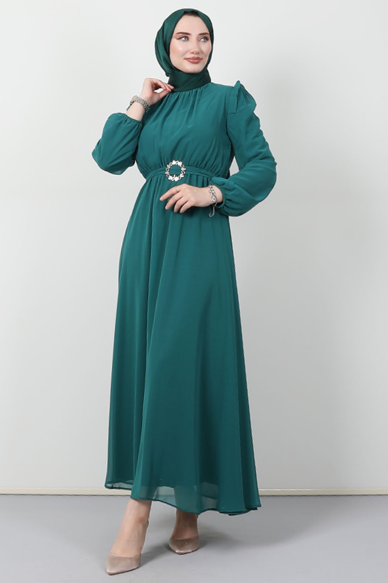 GİZAGİYİM - Tokalı Şifon Elbise Yeşil