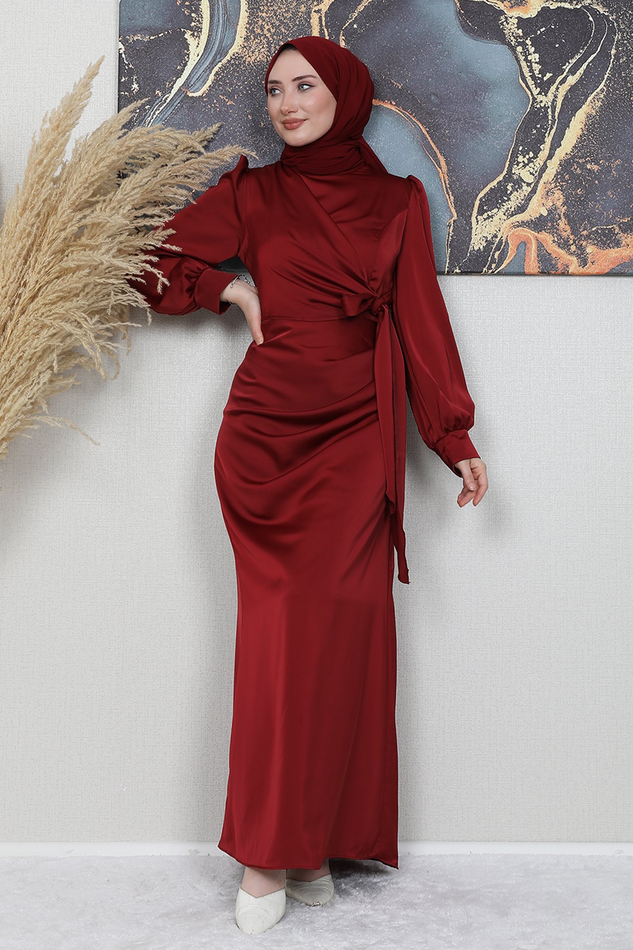 GİZ AGİYİM - Saten Yan Kuşaklı Elbise Bordo