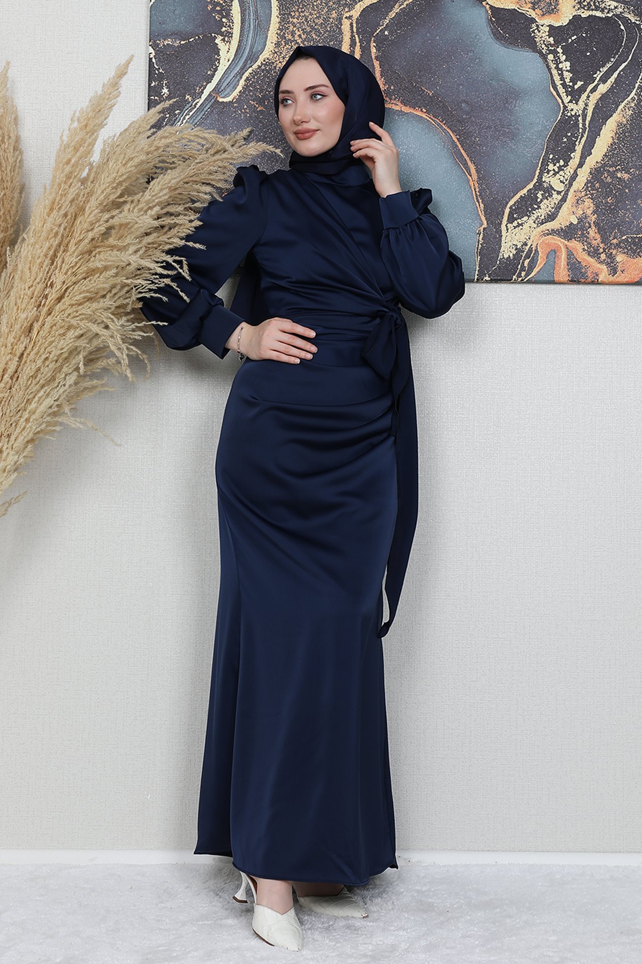 GİZ AGİYİM - Saten Yan Kuşaklı Elbise Lacivert