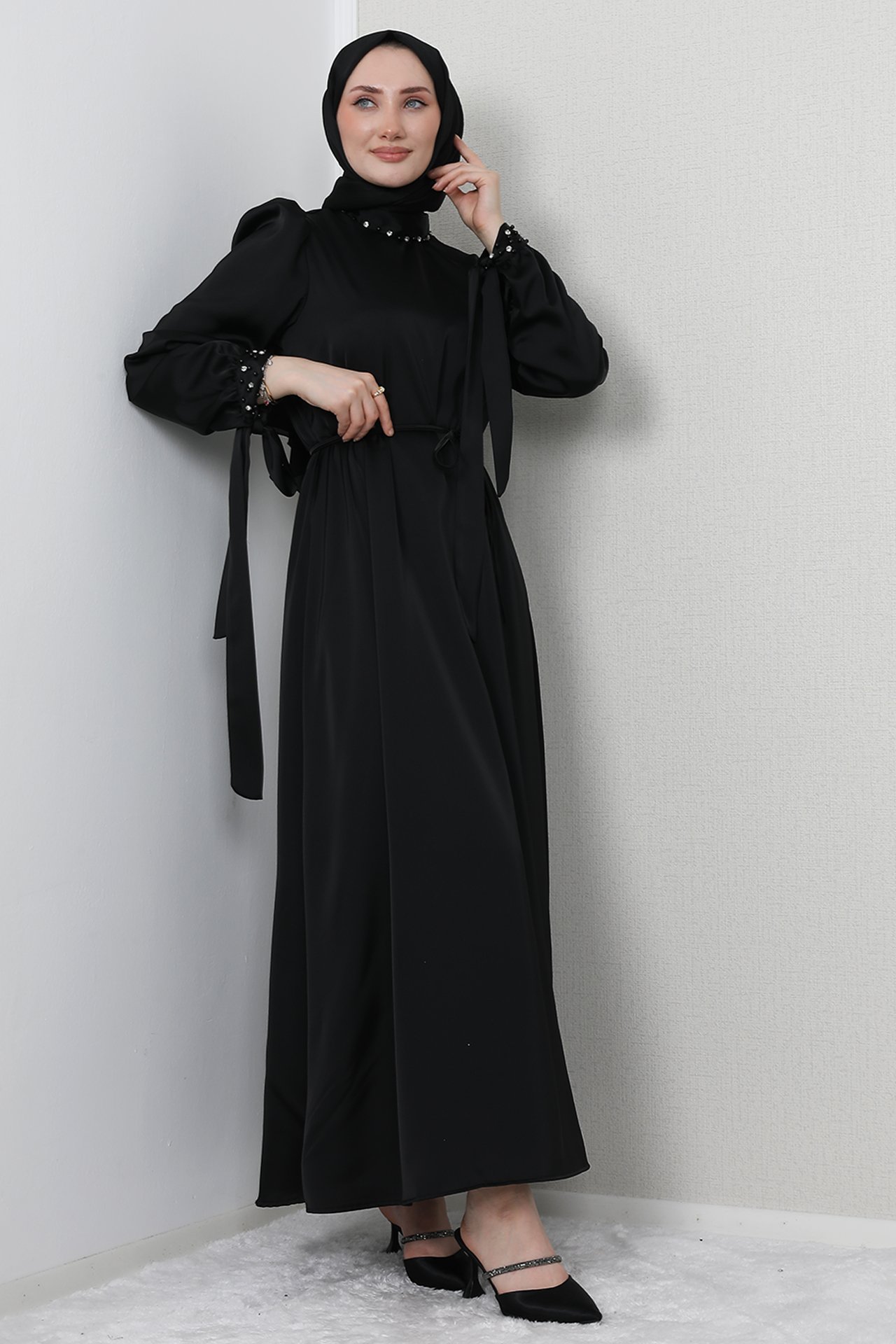 GİZ AGİYİM - Leila Saten Elbise Siyah