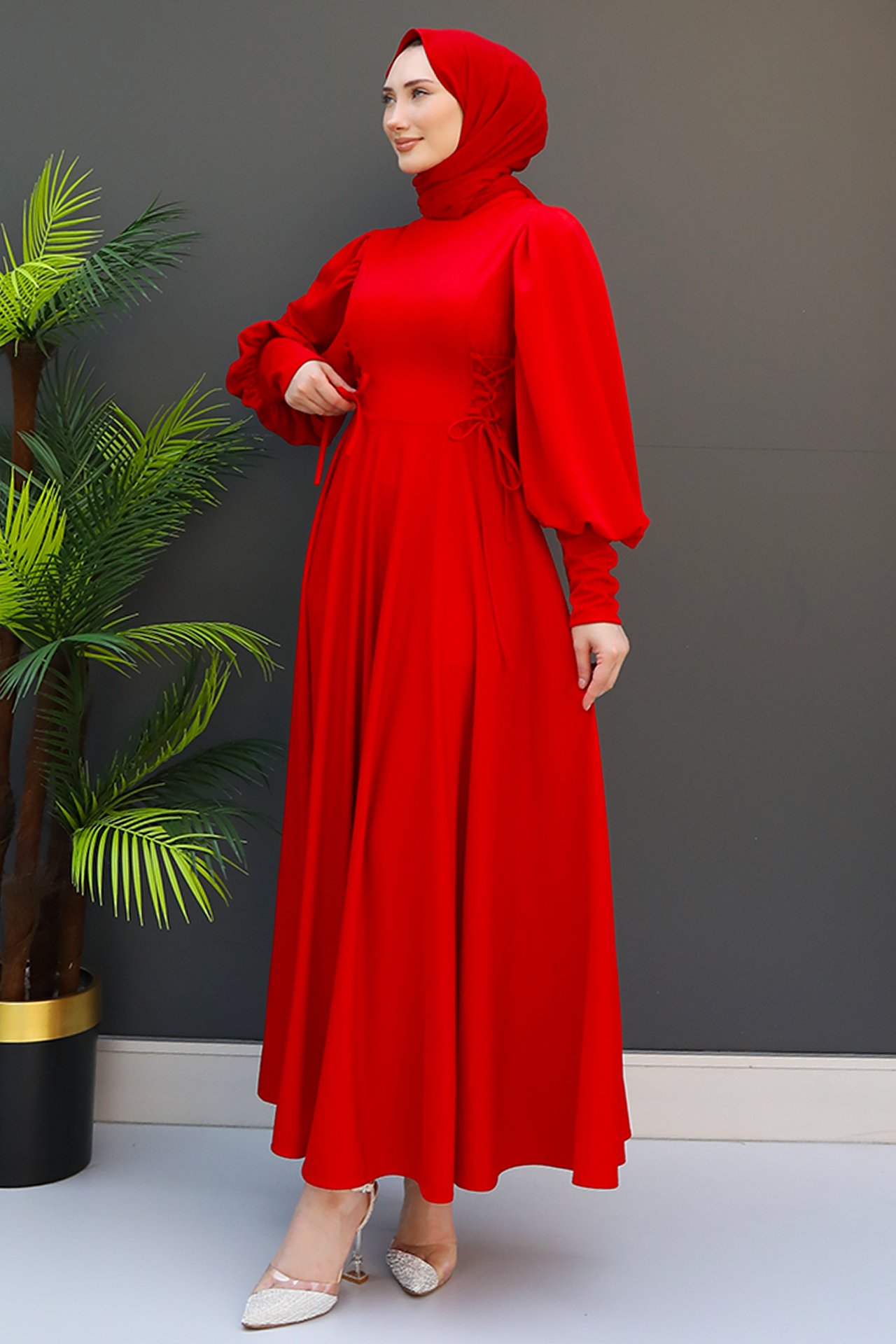 GİZ AGİYİM - İp Kuşaklı Elbise Kırmızı