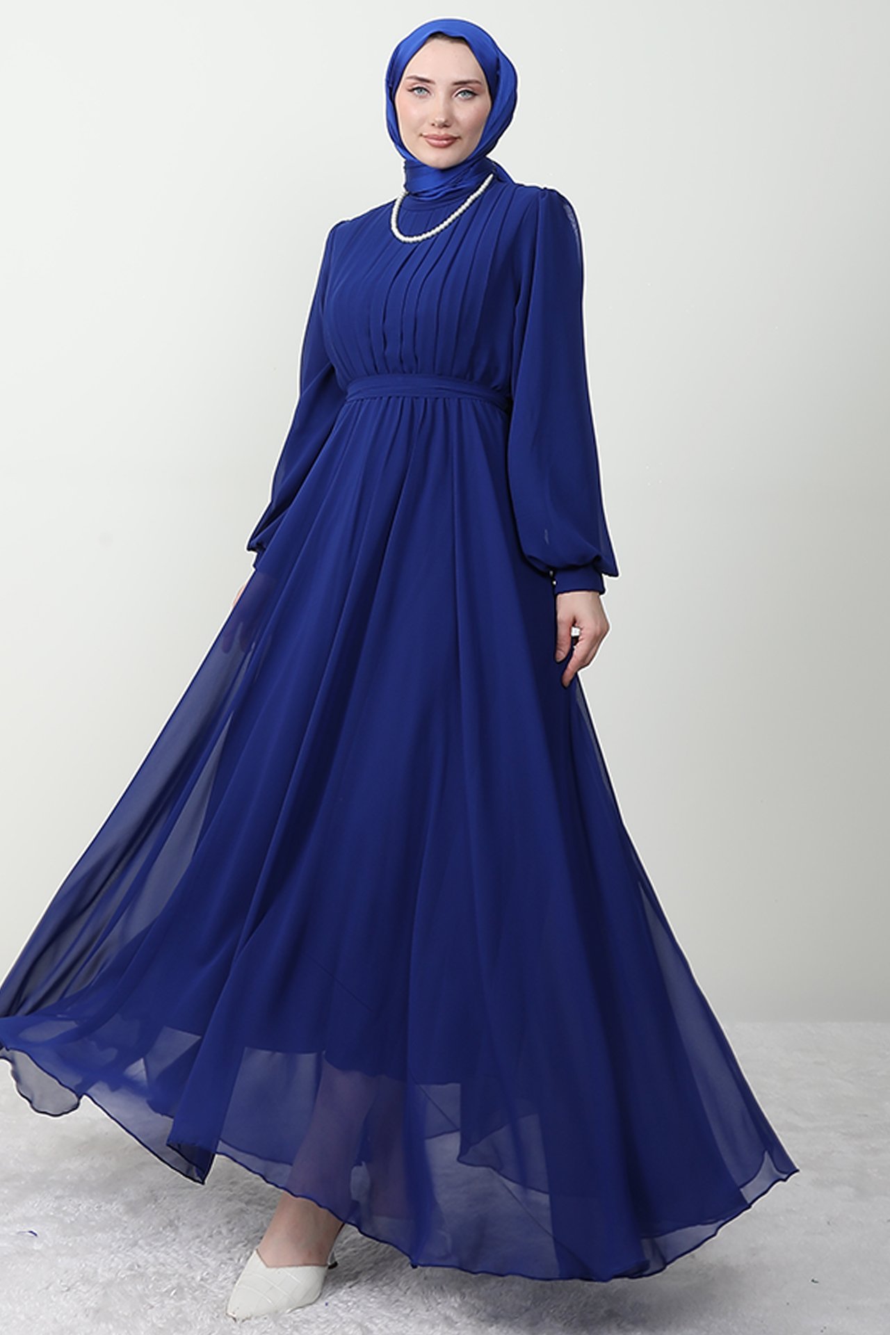 GİZAGİYİM - Beli Lastikli Pileli Şifon Elbise Gece Mavi