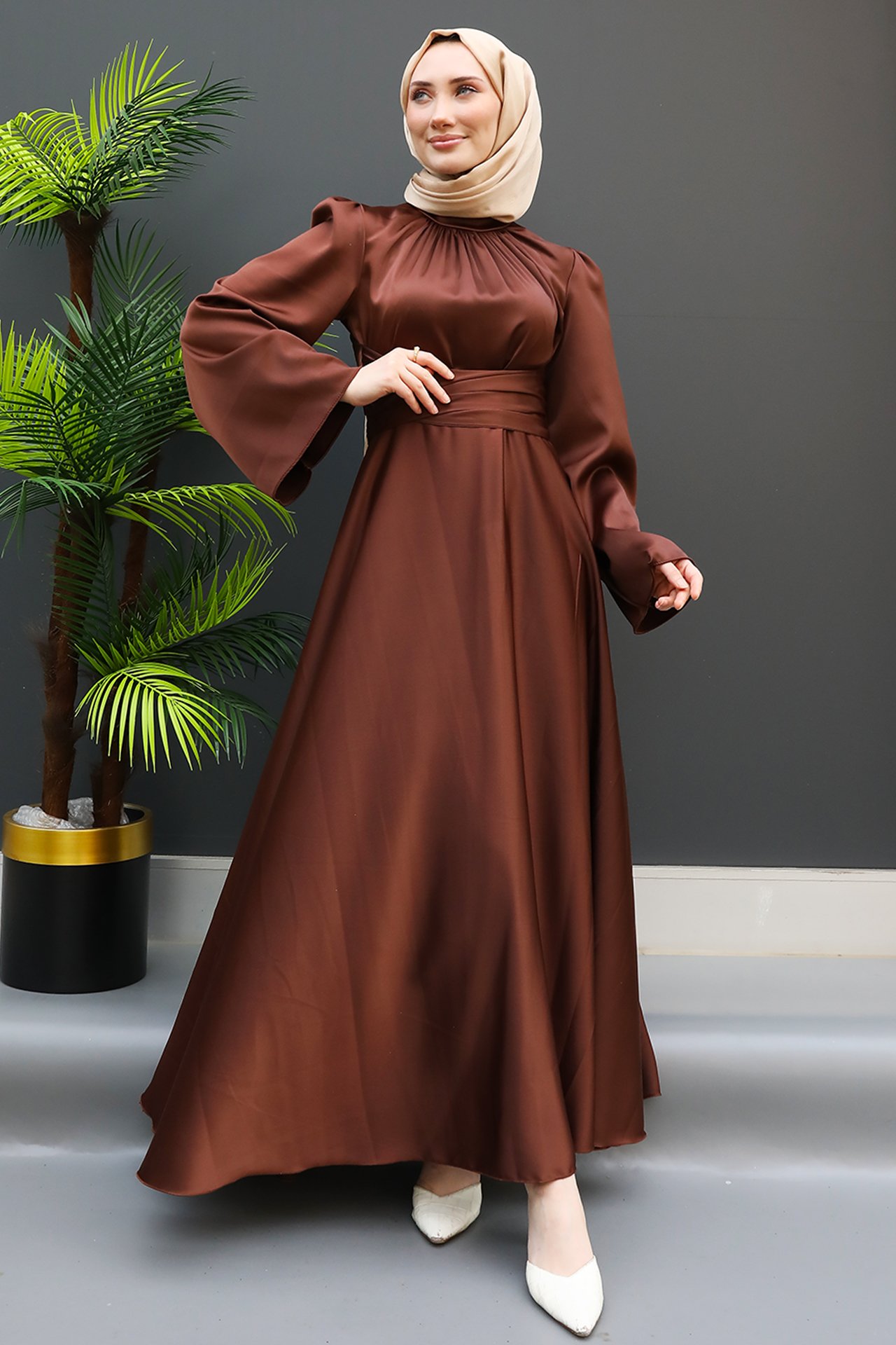 GİZ AGİYİM - Nazlı Tesettür Elbise Kahverengi