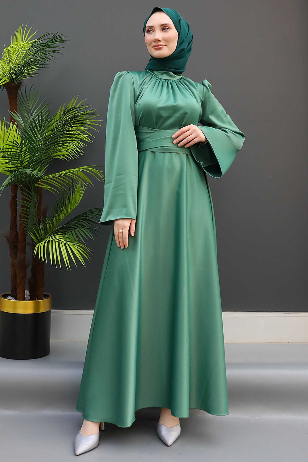 GİZ AGİYİM - Nazlı Tesettür Elbise Soft Yeşil