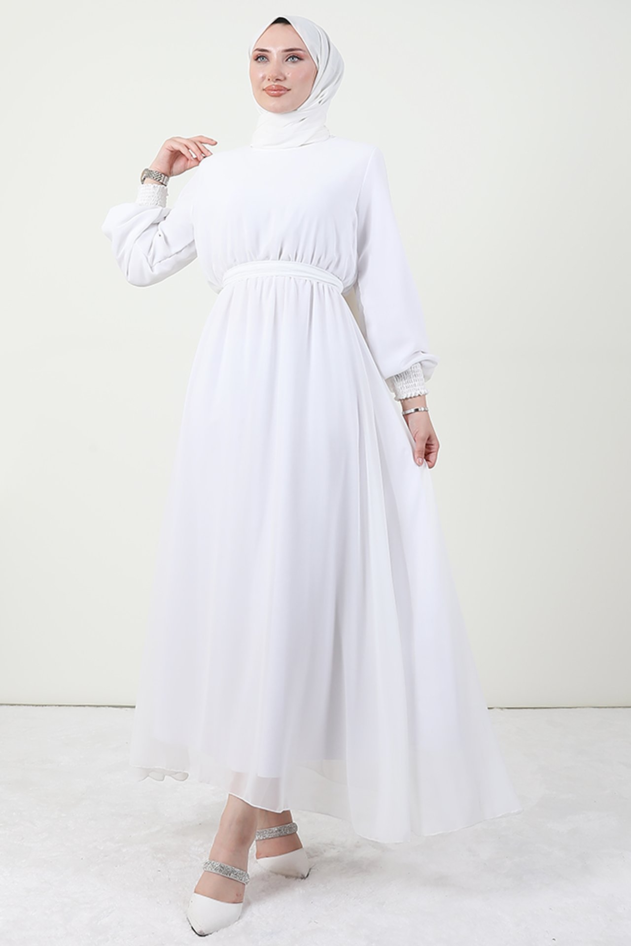 GİZAGİYİM - Kolu Gipeli Tesettür Elbise Beyaz