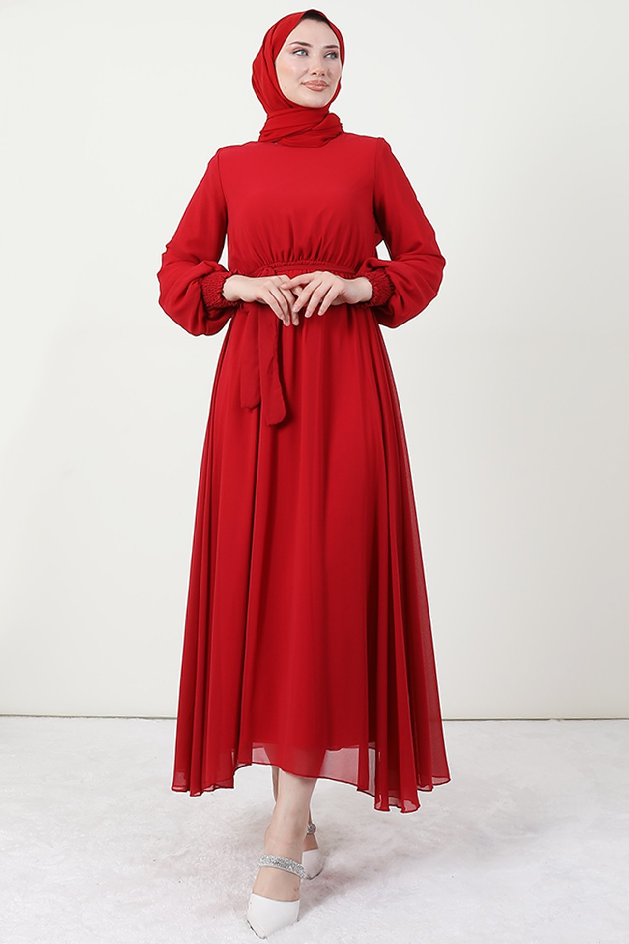 GİZAGİYİM - Kolu Gipeli Tesettür Elbise Kırmızı