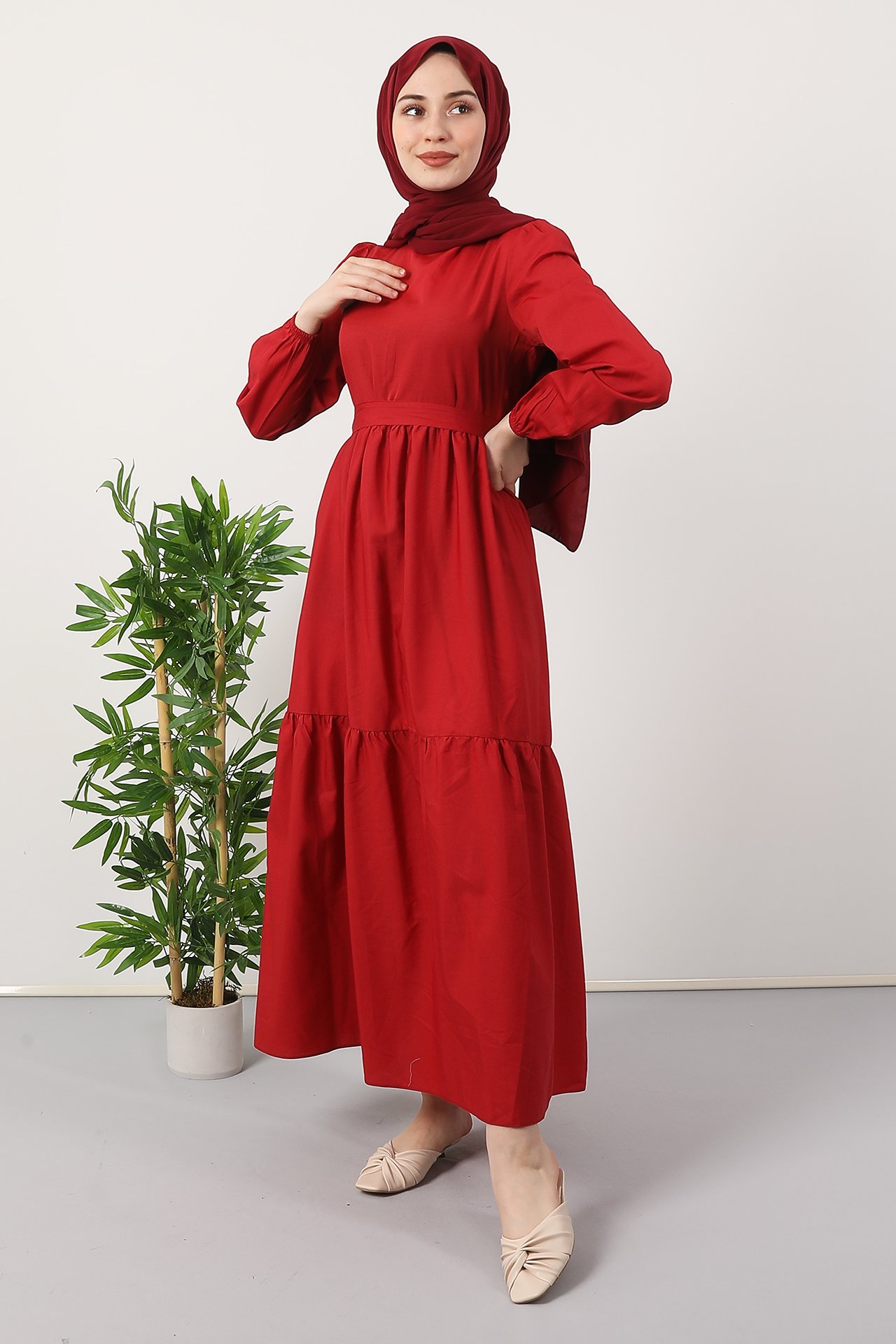 GİZAGİYİM - Kolu Lastikli Elbise Koyu Kırmızı