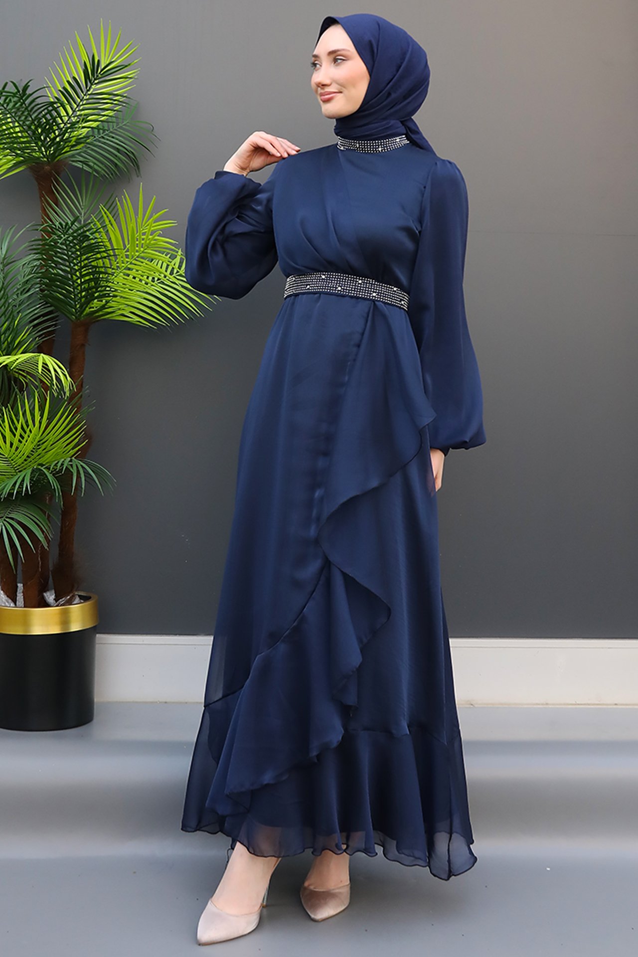 GİZ AGİYİM - İşlemeli Fırfırlı Janjan Elbise Lacivert
