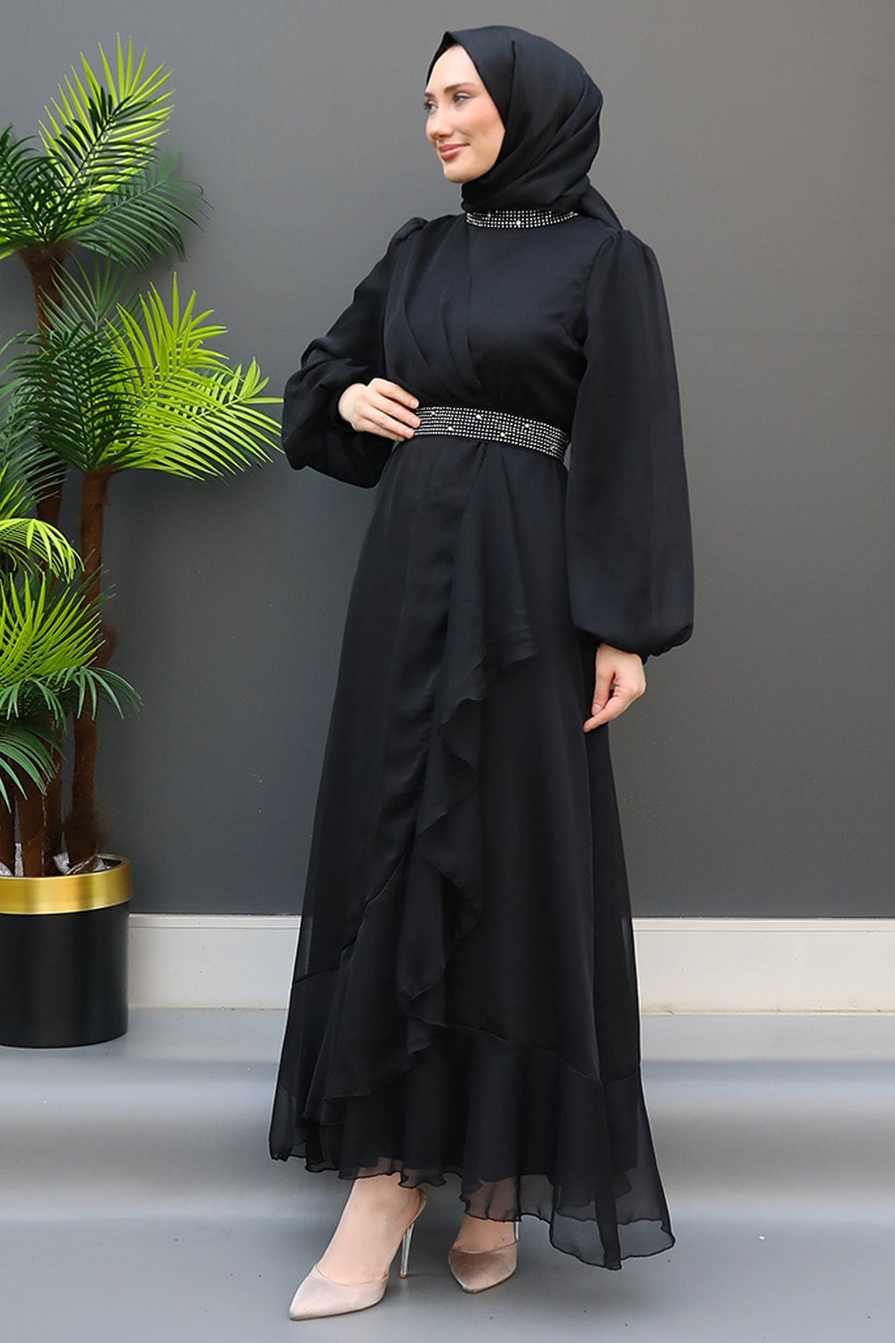 GİZ AGİYİM - İşlemeli Fırfırlı Janjan Elbise Siyah