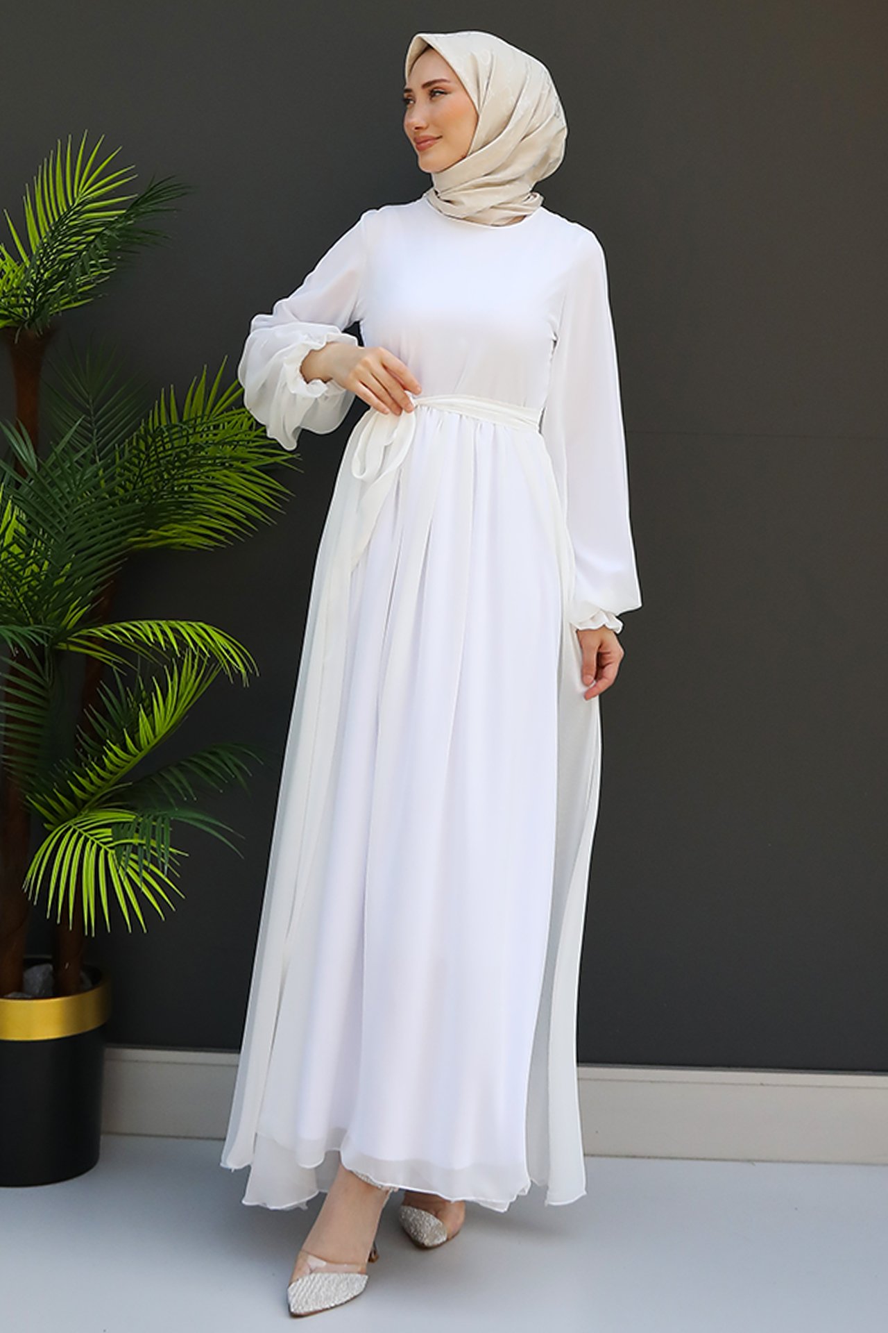 GİZ AGİYİM - Nare Tesettür Şifon Elbise Beyaz