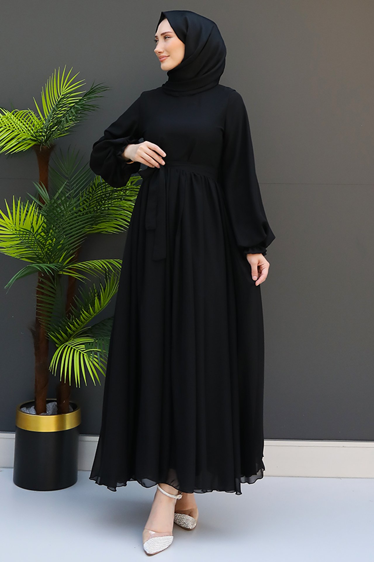 GİZ AGİYİM - Nare Tesettür Şifon Elbise Siyah