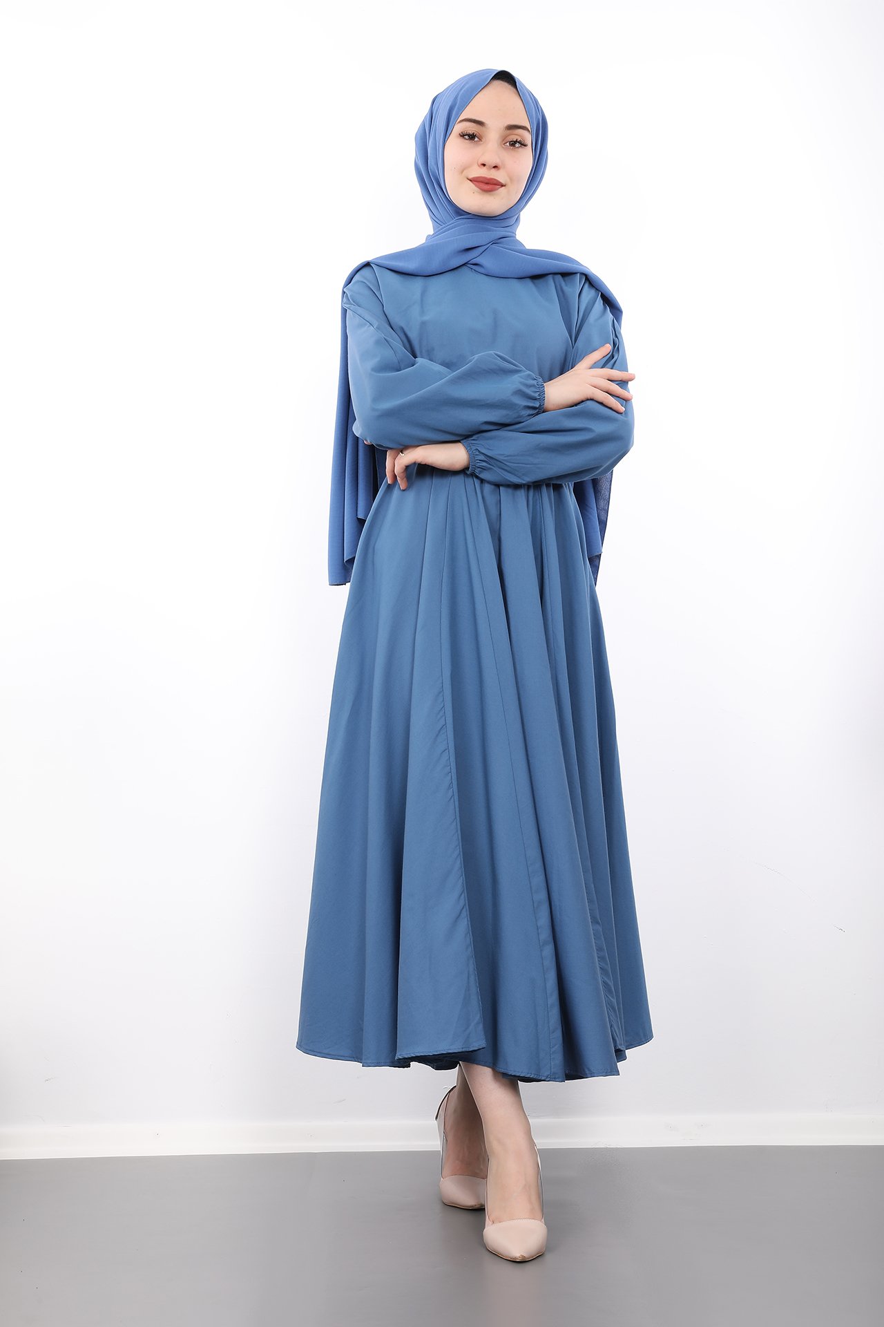 GİZAGİYİM - Giza Beli Lastikli Kloş Tesettür Elbise Mavi
