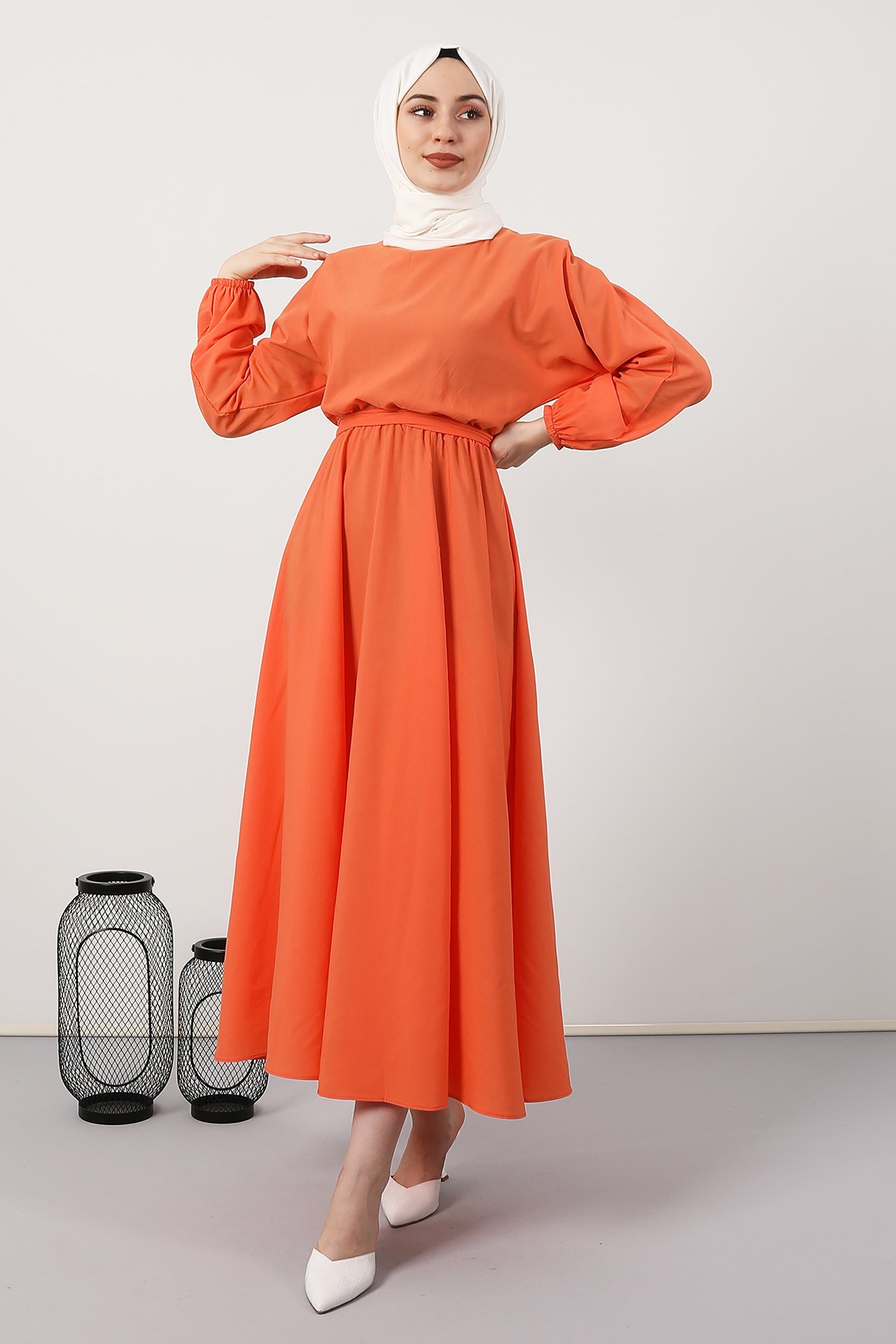 GİZAGİYİM - Beli Lastikli Kloş Tesettür Elbise Orange