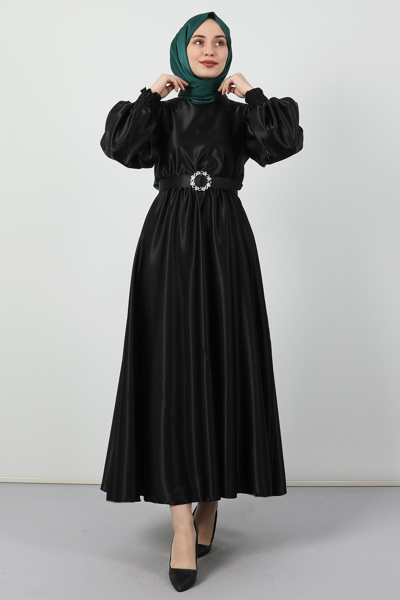 GİZAGİYİM - Gipeli Saten Elbise Siyah
