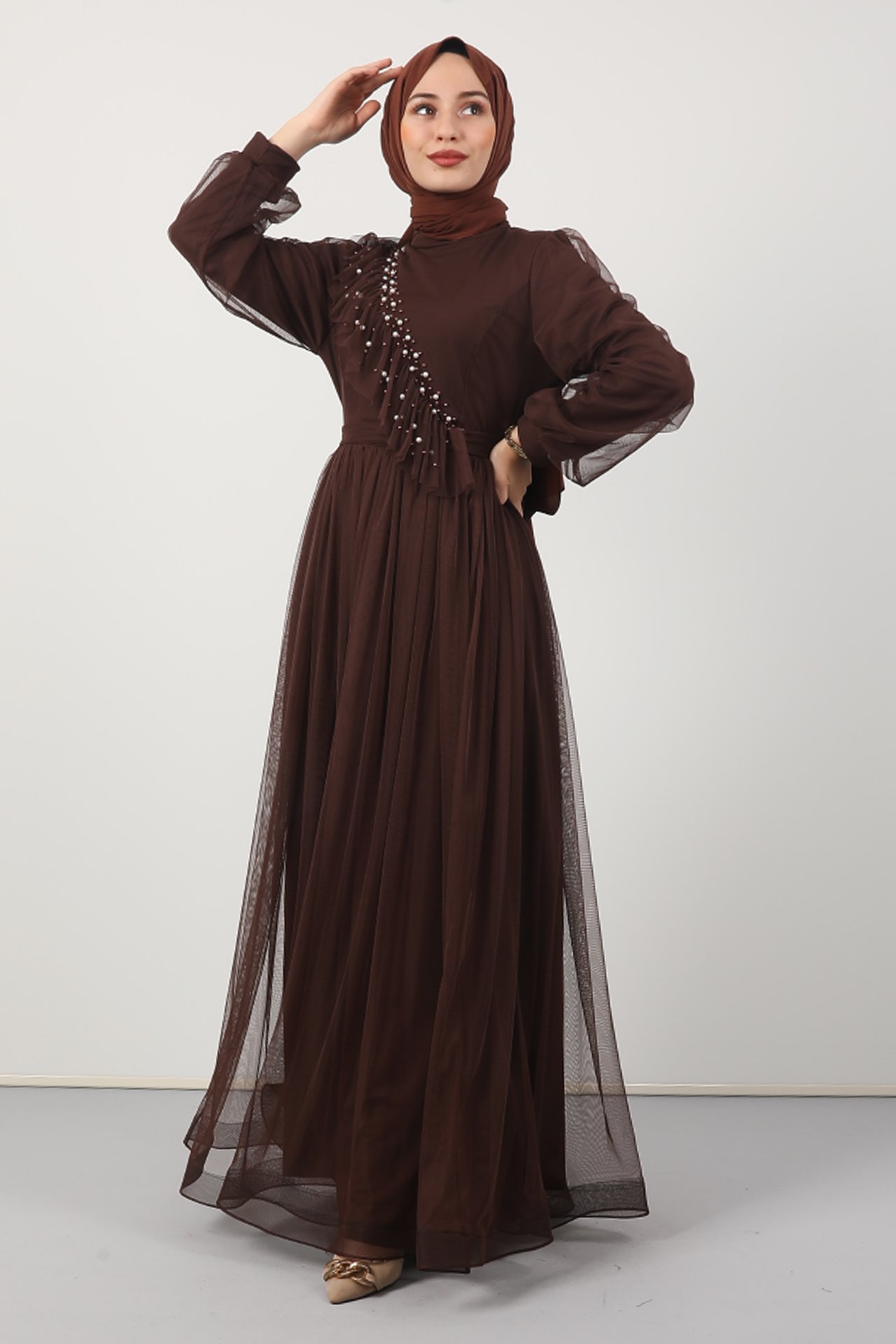 GİZAGİYİM - Boncuk Detay Tül Elbise Kahverengi