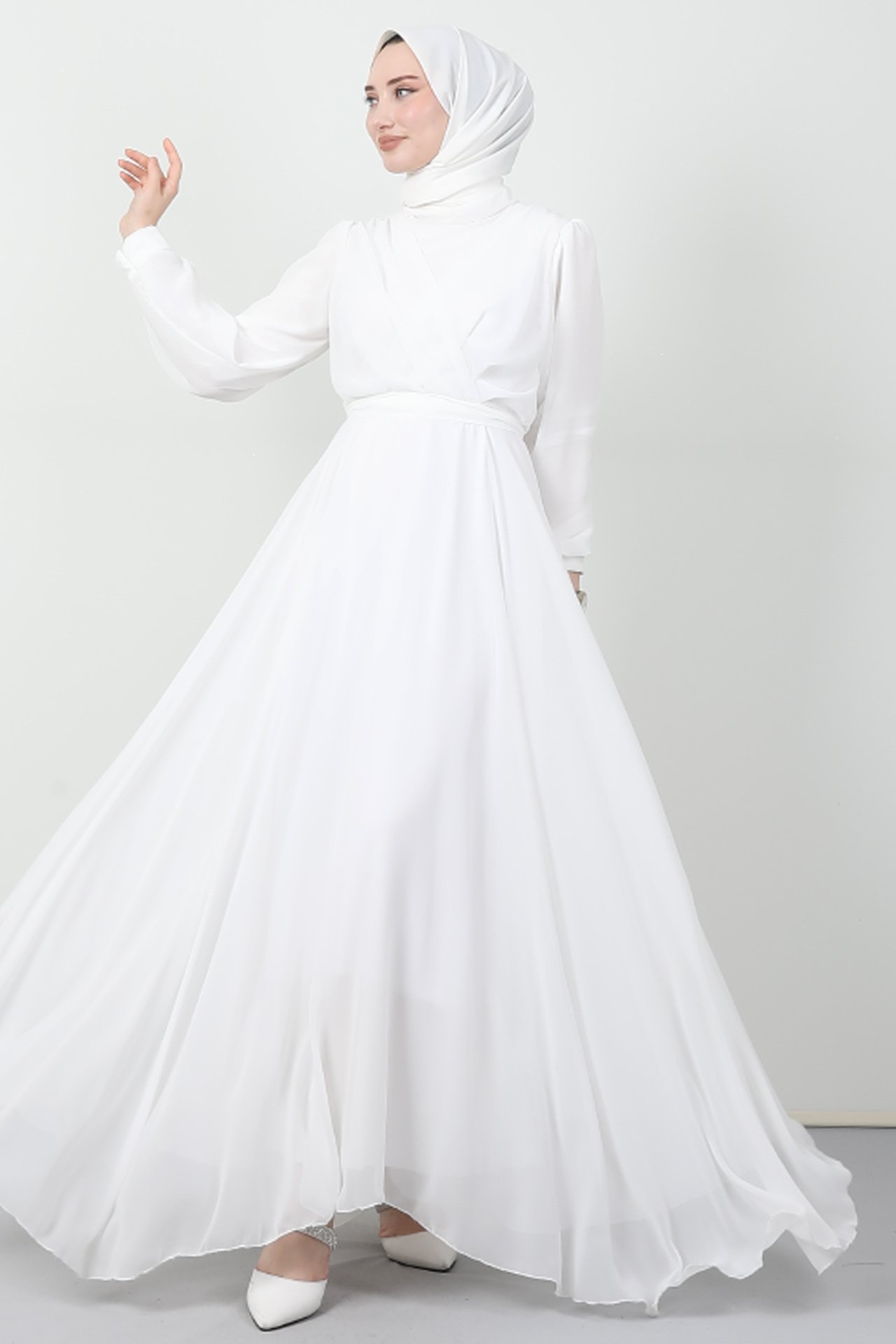 GİZAGİYİM - Önü Çapraz Şifon Elbise Beyaz