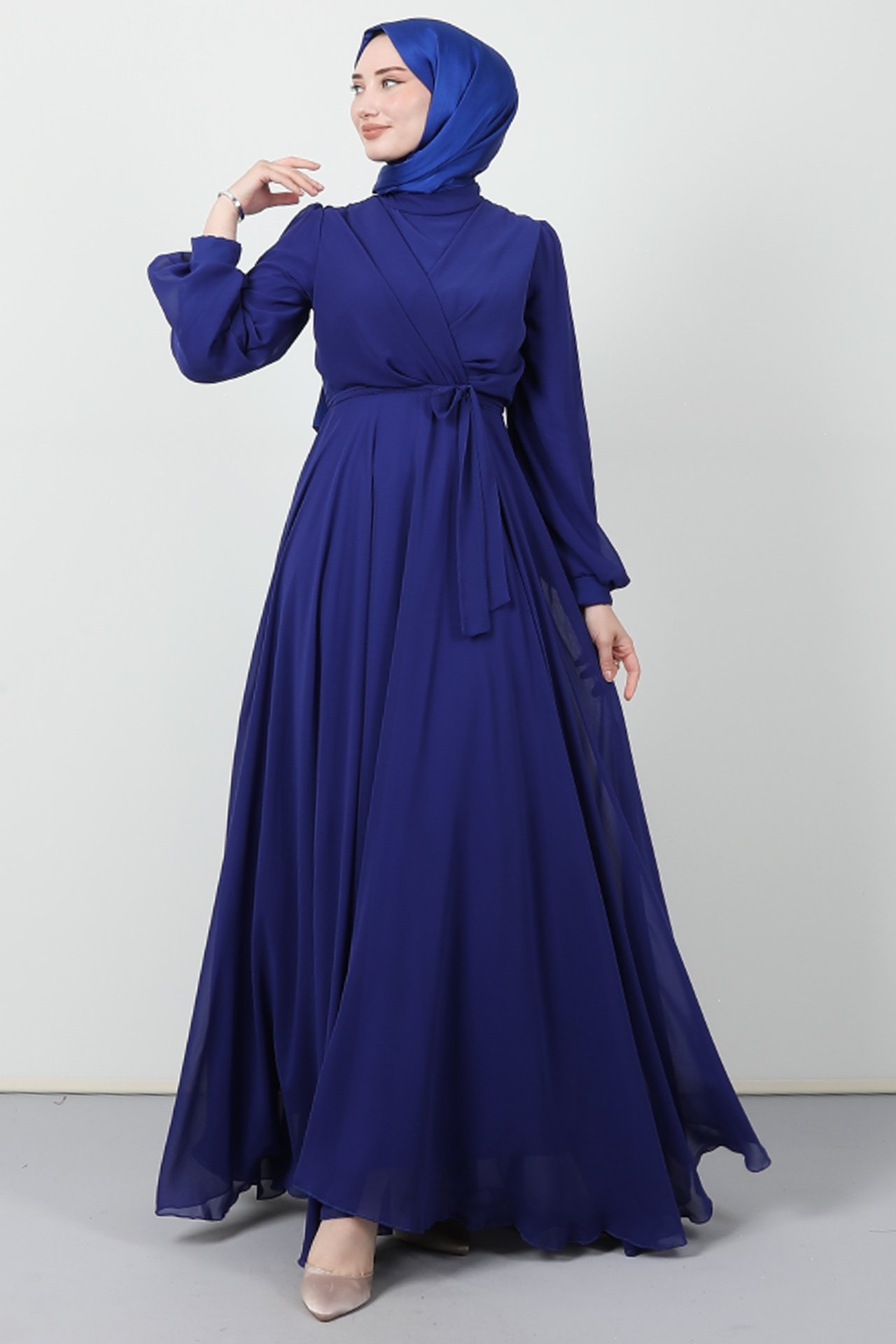 GİZAGİYİM - Önü Çapraz Şifon Elbise Gece Mavi