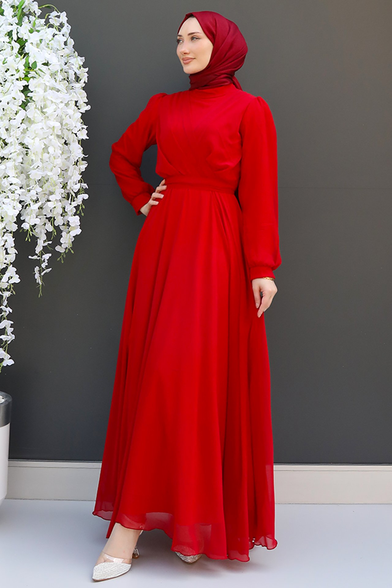 GİZ AGİYİM - Önü Çapraz Şifon Elbise Kırmızı