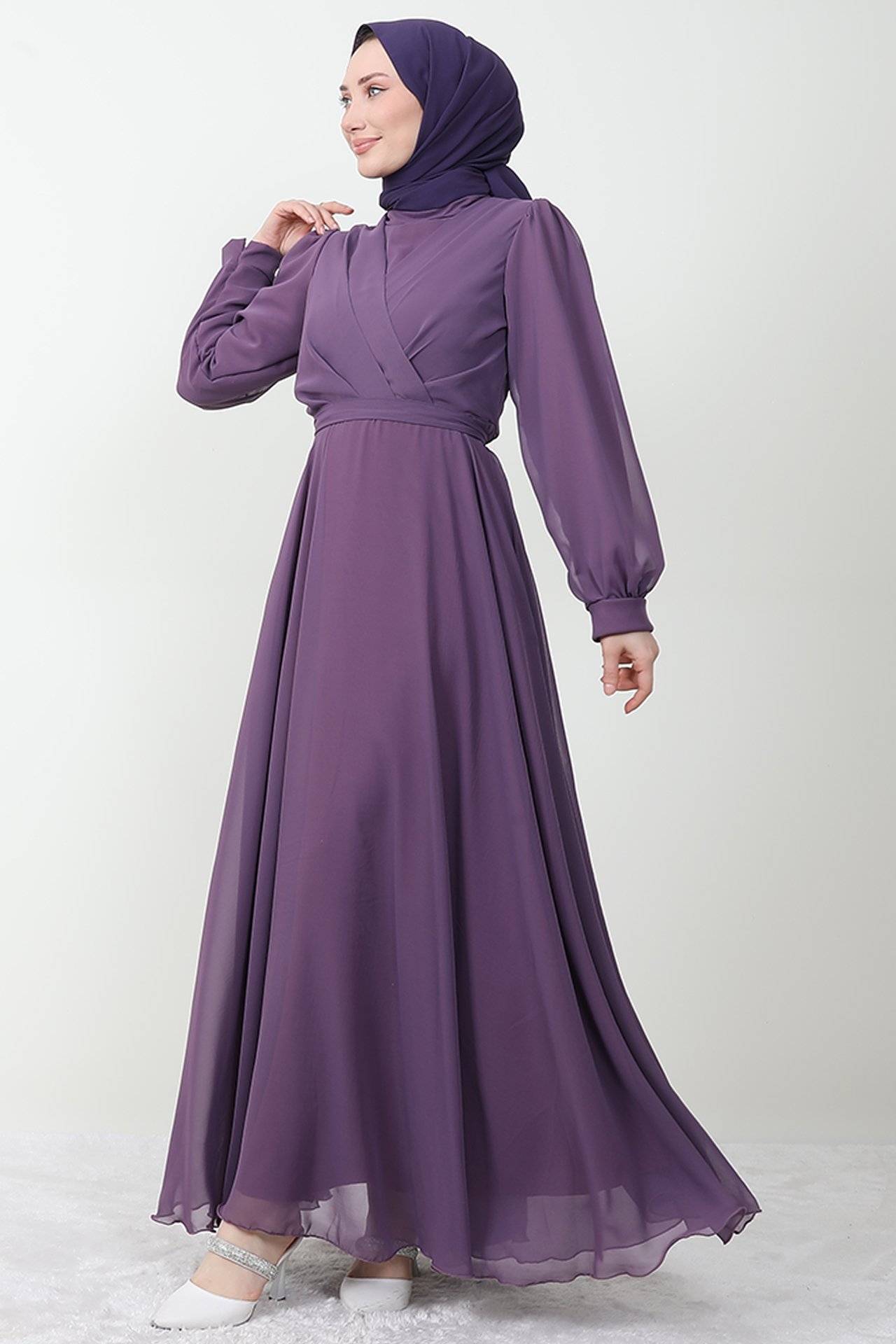 GİZAGİYİM - Önü Çapraz Şifon Elbise Koyu Lila