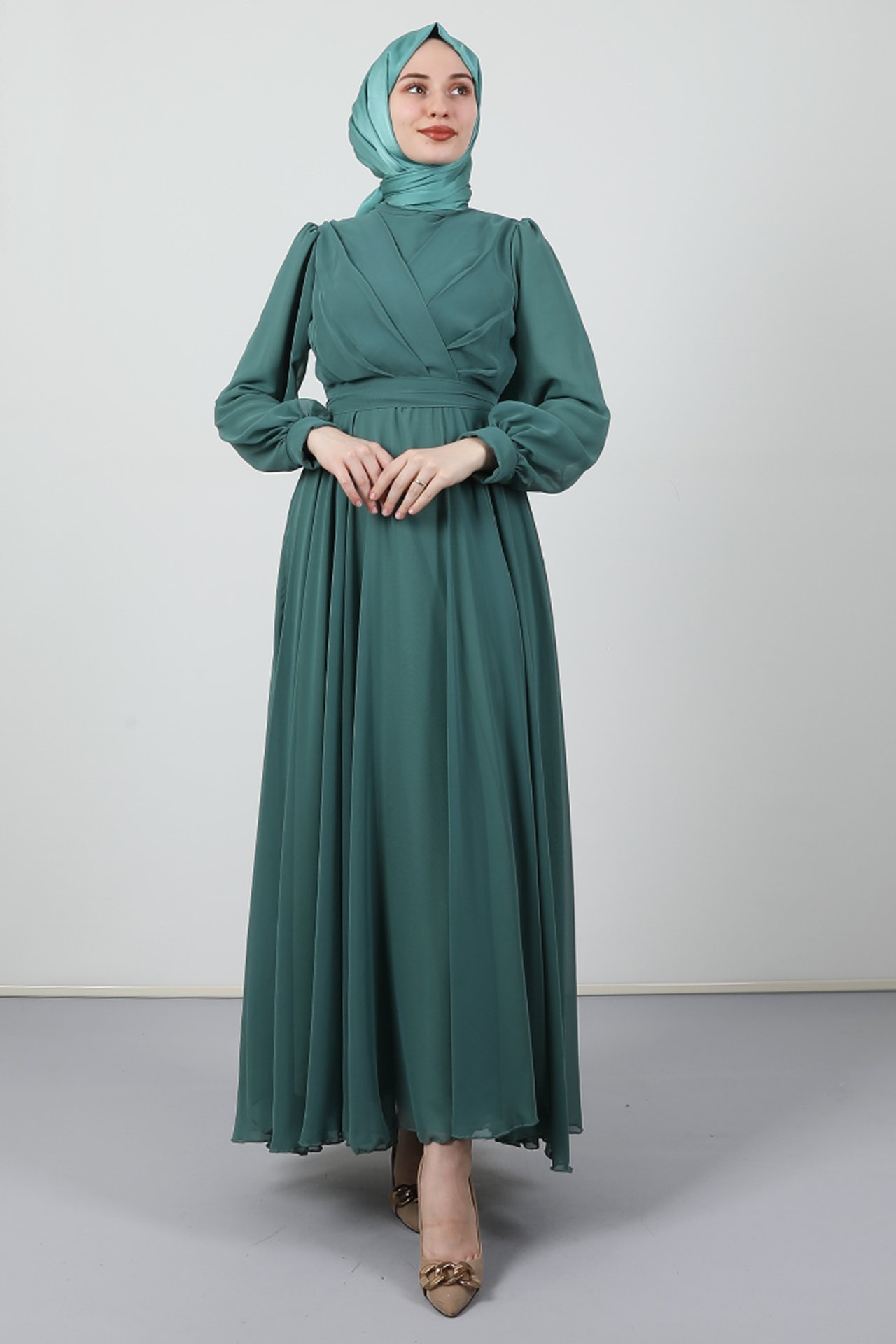 GİZAGİYİM - Önü Çapraz Şifon Elbise Koyu Mint