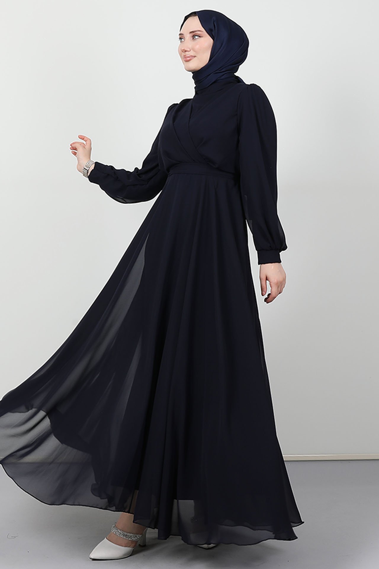 GİZAGİYİM - Önü Çapraz Şifon Elbise Lacivert