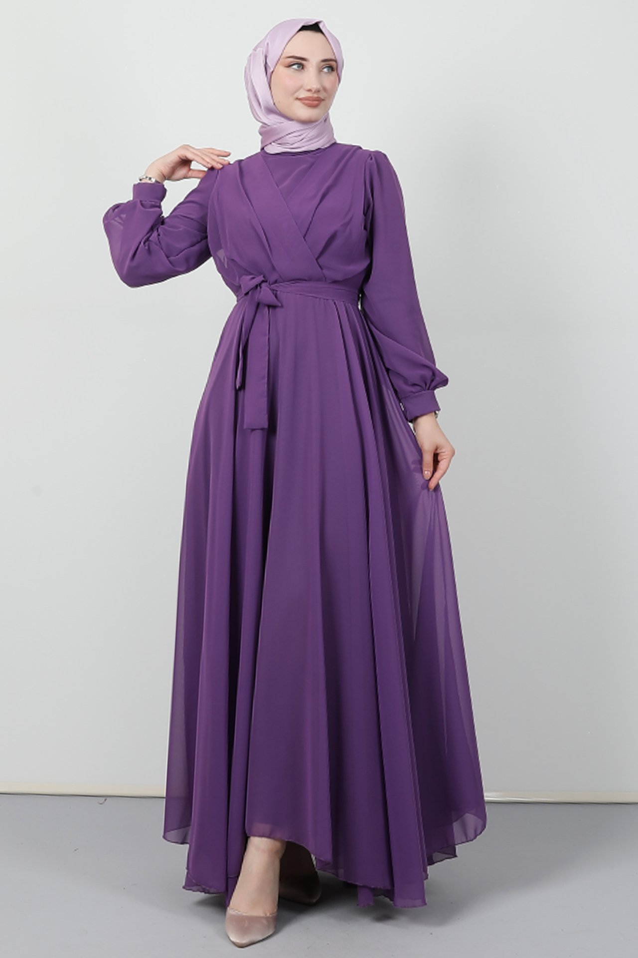 GİZAGİYİM - Önü Çapraz Şifon Elbise Lila