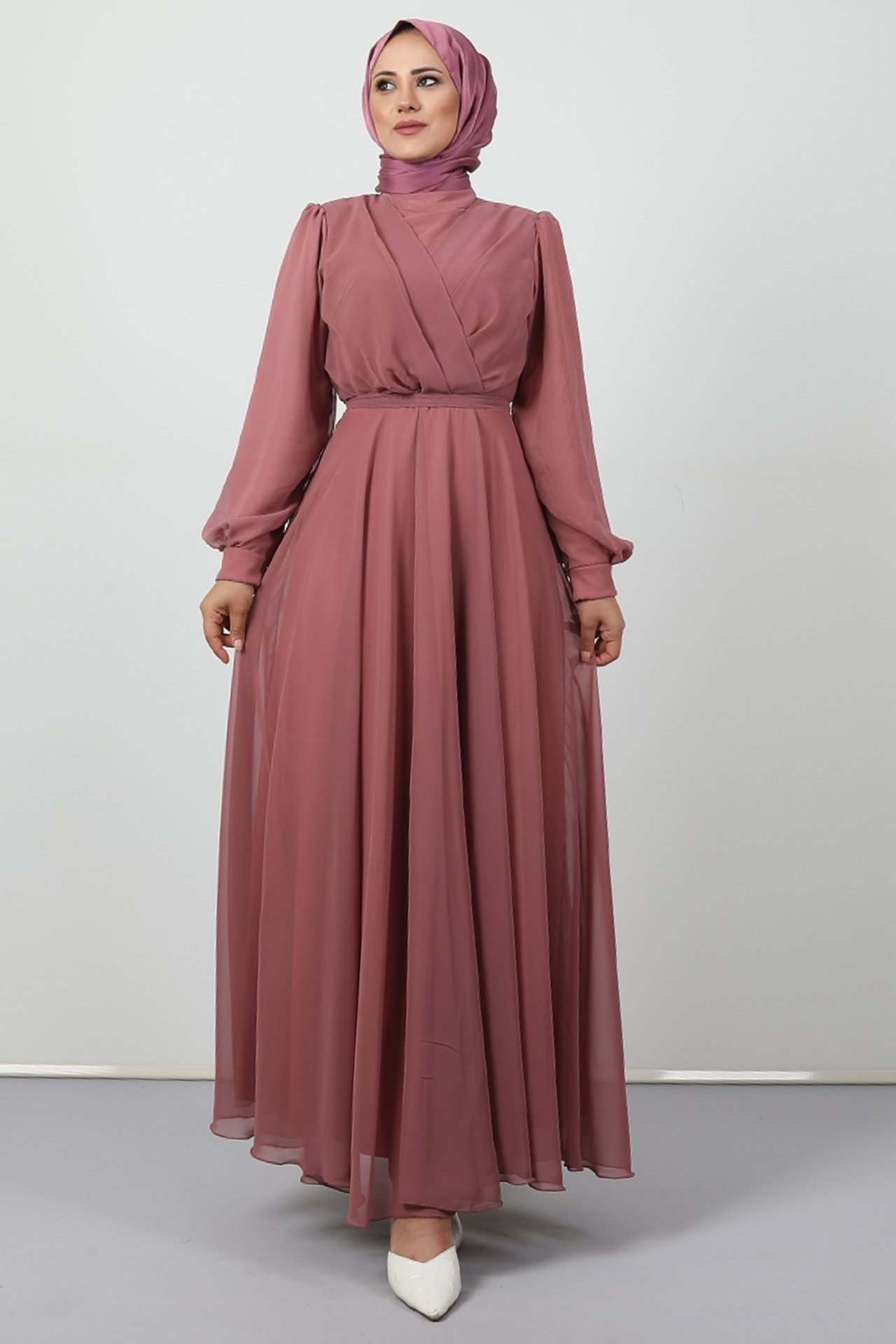 GİZAGİYİM - Önü Çapraz Şifon Elbise Pembe