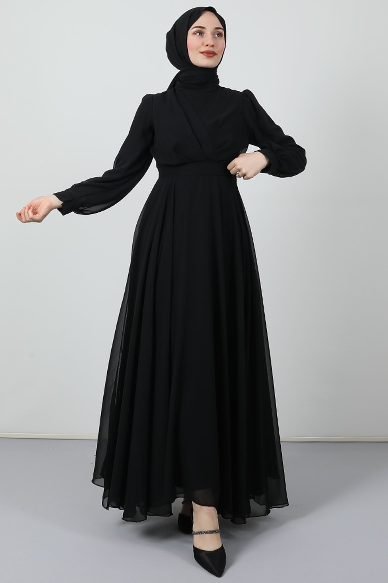 GİZAGİYİM - Önü Çapraz Şifon Elbise Siyah