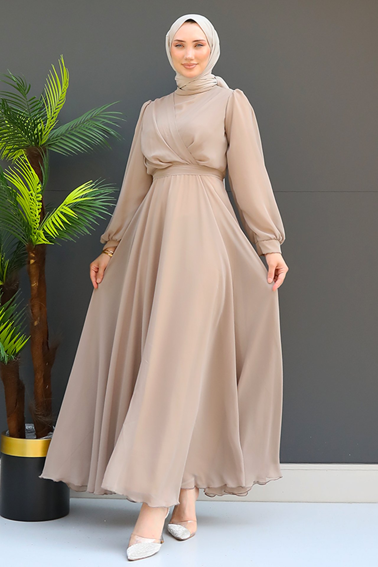 GİZAGİYİM - Önü Çapraz Şifon Elbise Vizon