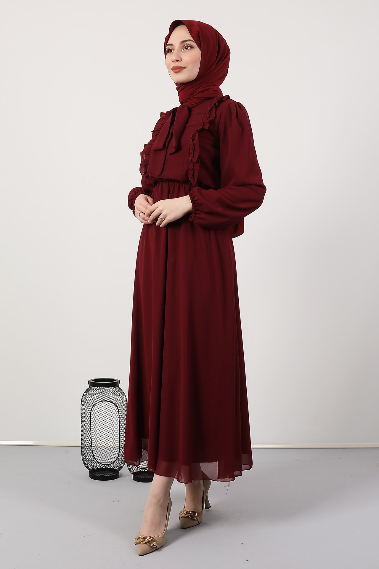 GİZAGİYİM - Giza Beli Lastikli Fırfırlı Elbise Bordo