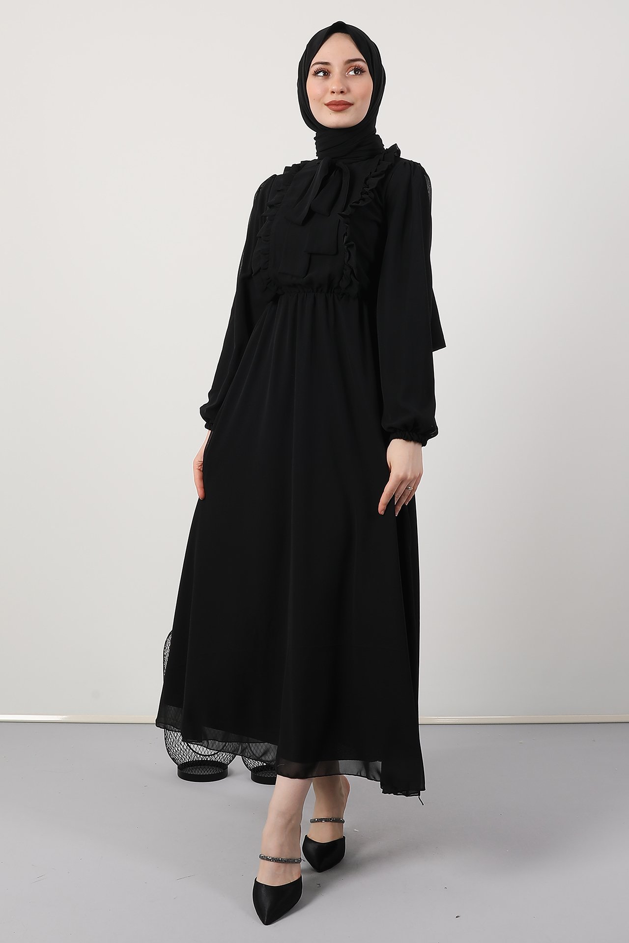 GİZAGİYİM - Giza Beli Lastikli Fırfırlı Elbise Siyah