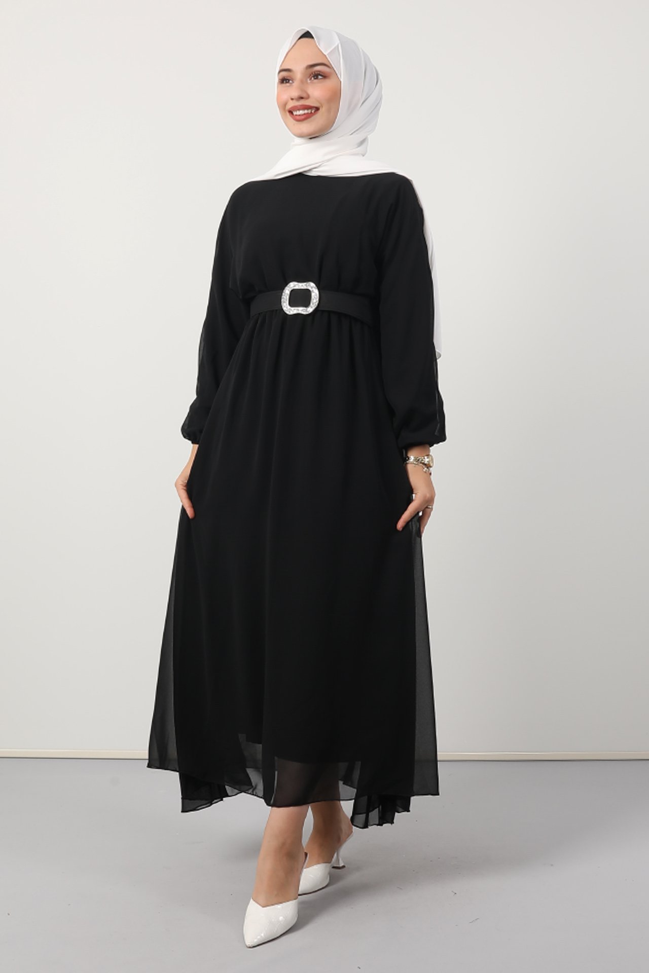 GİZAGİYİM - Kemerli Şifon Elbise Siyah