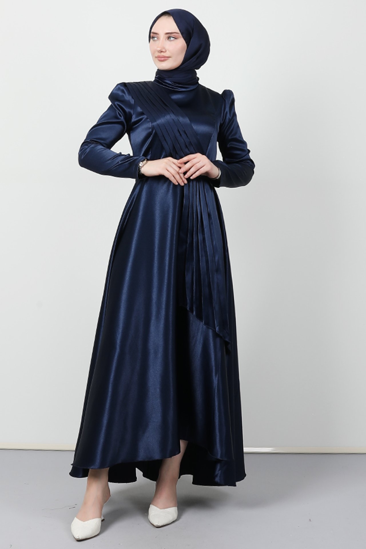 GİZAGİYİM - Yarım Pile Detay Elbise Lacivert