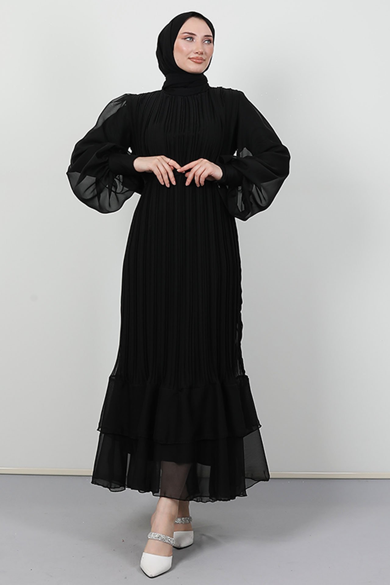 GİZAGİYİM - Eteği Katlı Janjan Elbise Siyah