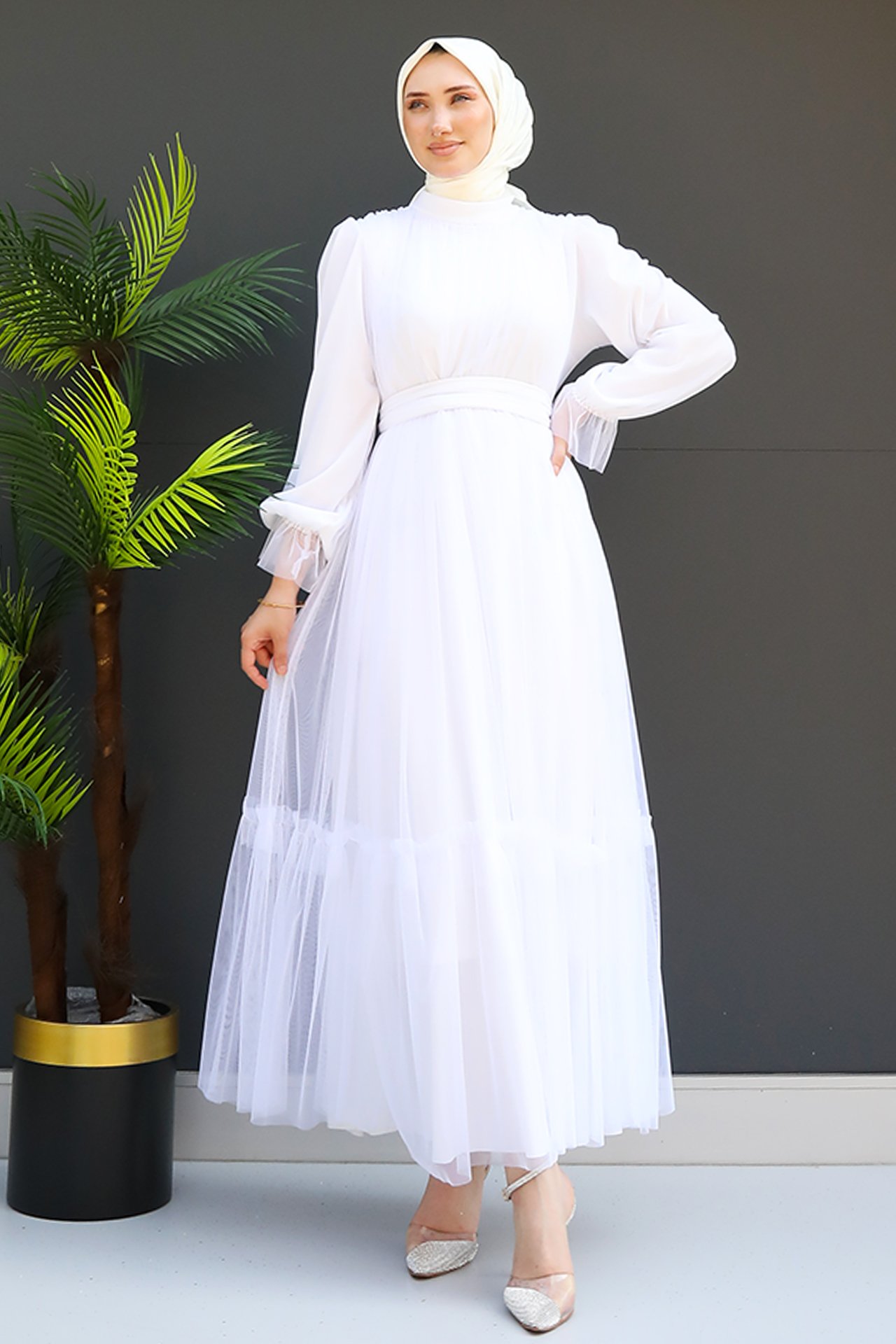 GİZ AGİYİM - Kuşaklı Fırfırlı Tül Elbise Beyaz