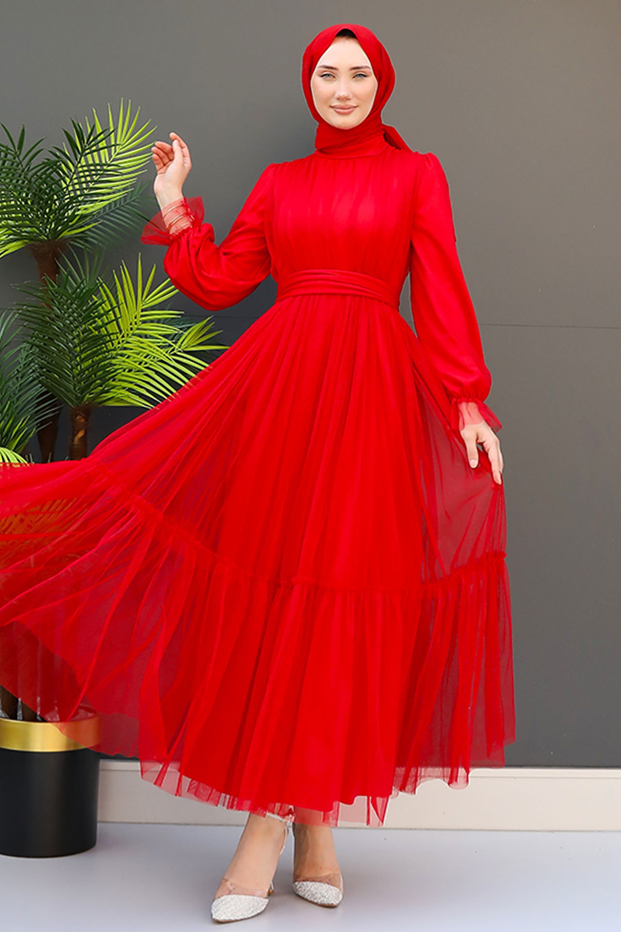 GİZ AGİYİM - Kuşaklı Fırfırlı Tül Elbise Kırmızı