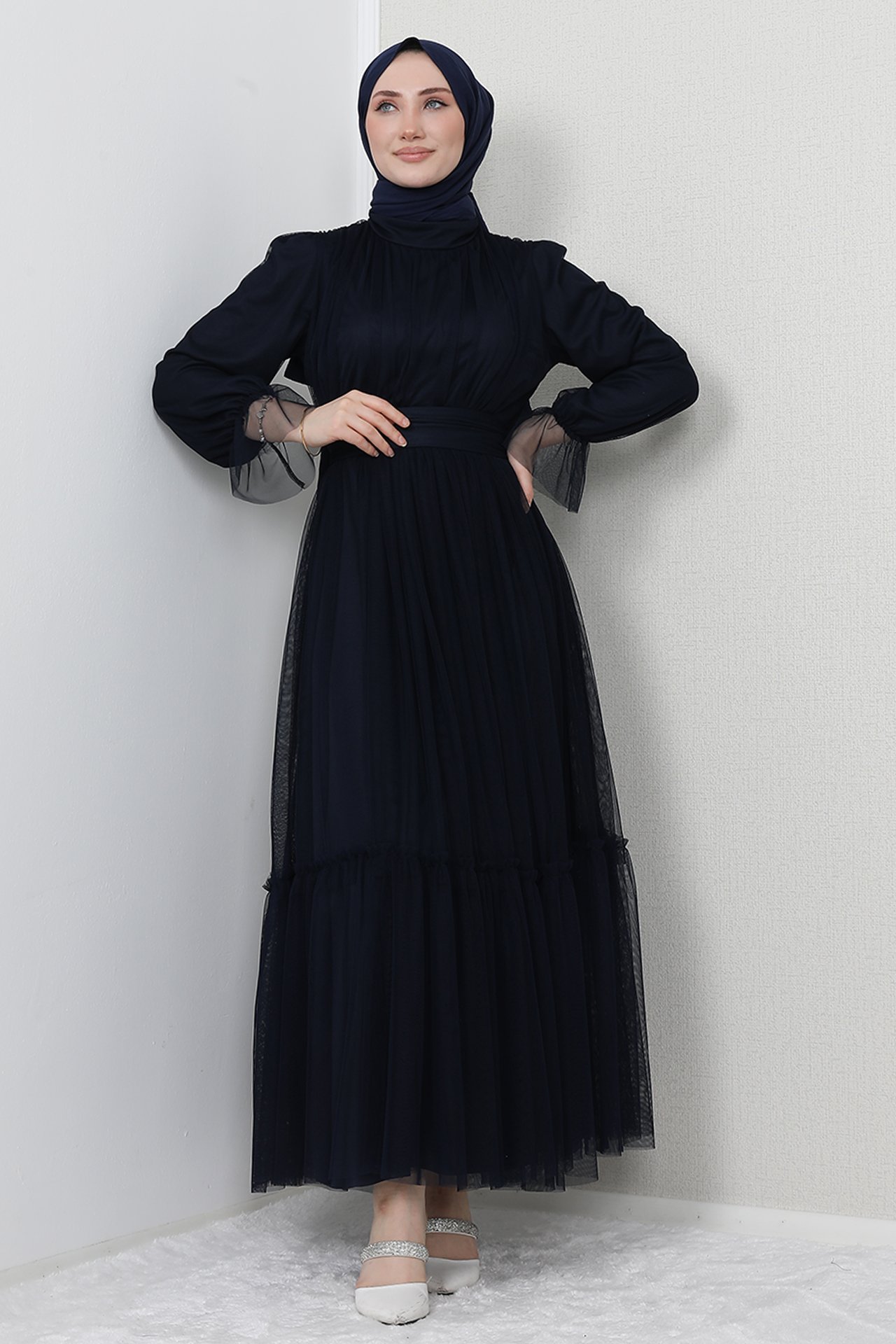 GİZAGİYİM - Kuşaklı Fırfırlı Tül Elbise Lacivert