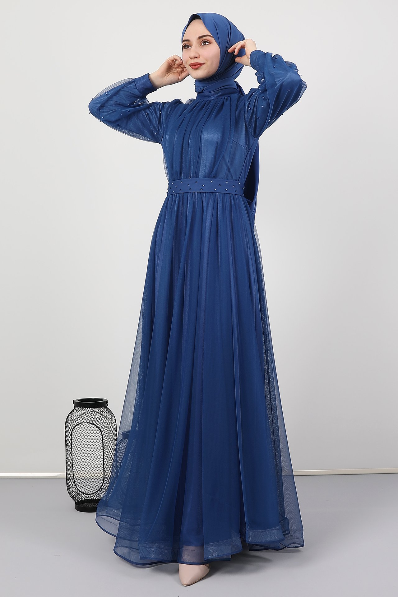 GİZAGİYİM - Boncuk Detay Abiye Elbise Mavi