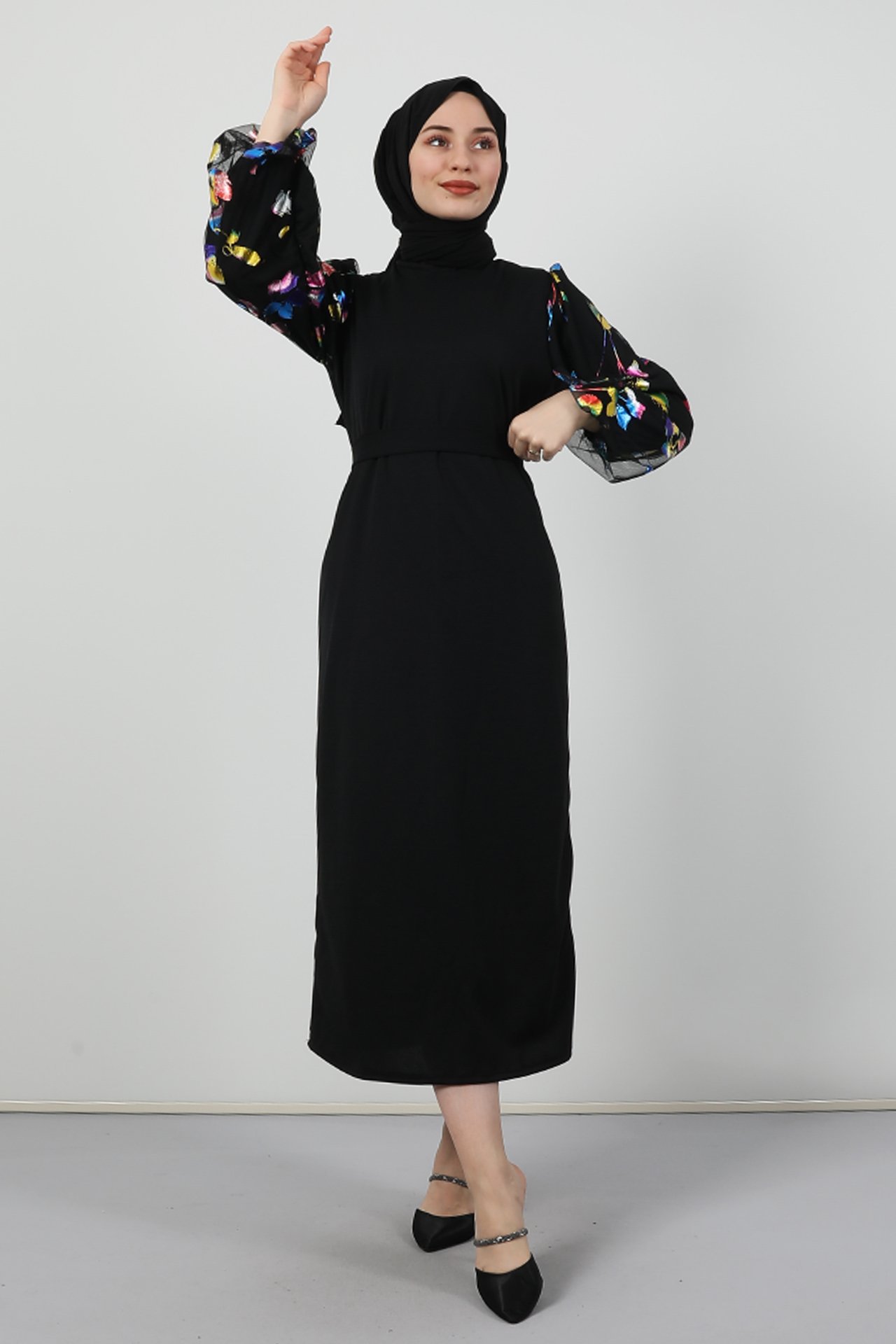 GİZAGİYİM - Çok Renkli Yaprak Tesettür Elbise Siyah 