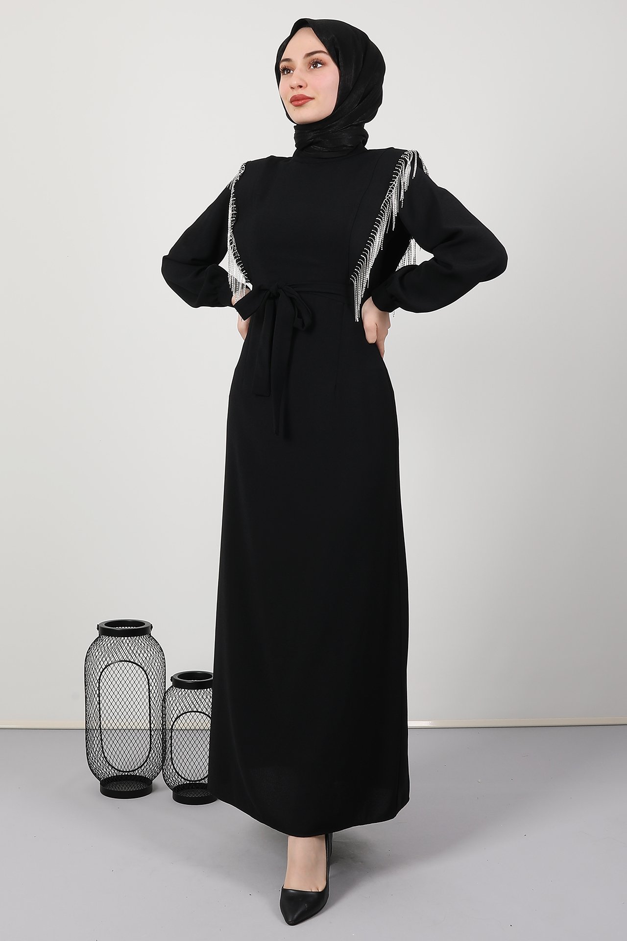 GİZAGİYİM - Zincir Taş İşlemeli Elbise Siyah