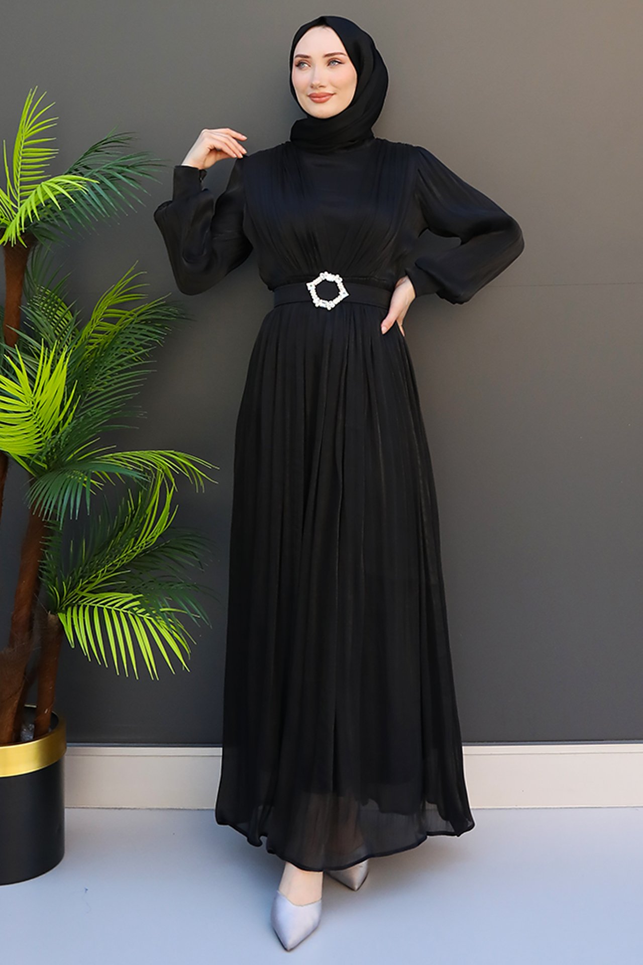 GİZ AGİYİM - Taş Detay V Yaka Elbise Siyah