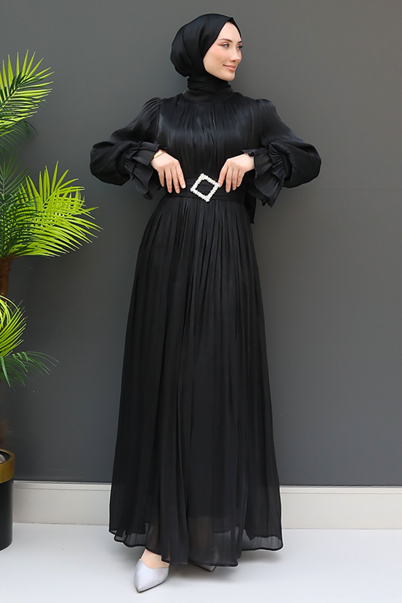 GİZ AGİYİM - Kare Taşlı Kemerli Elbise Siyah