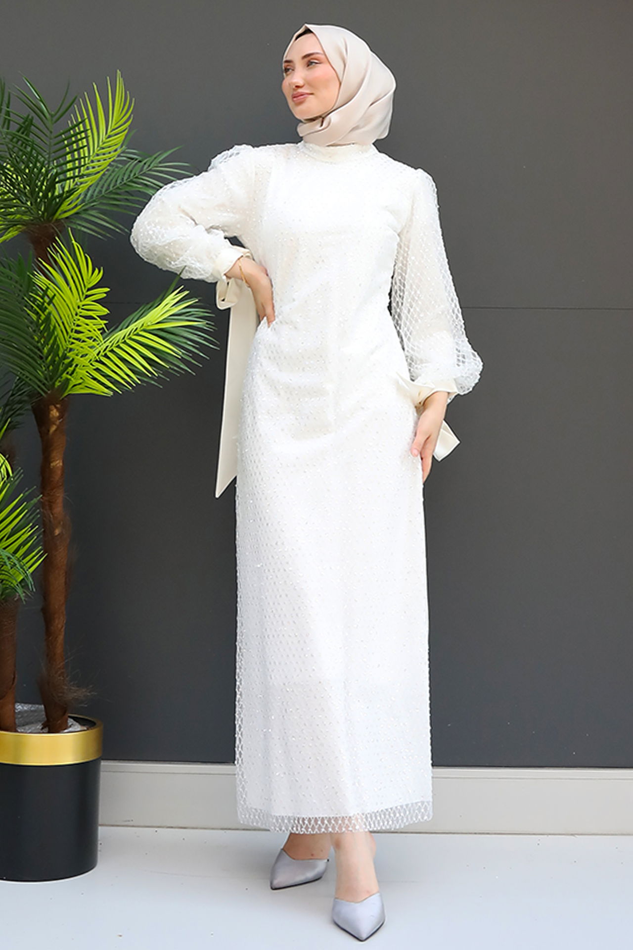 GİZ AGİYİM - Beyaz Kurdelalı Elbise 